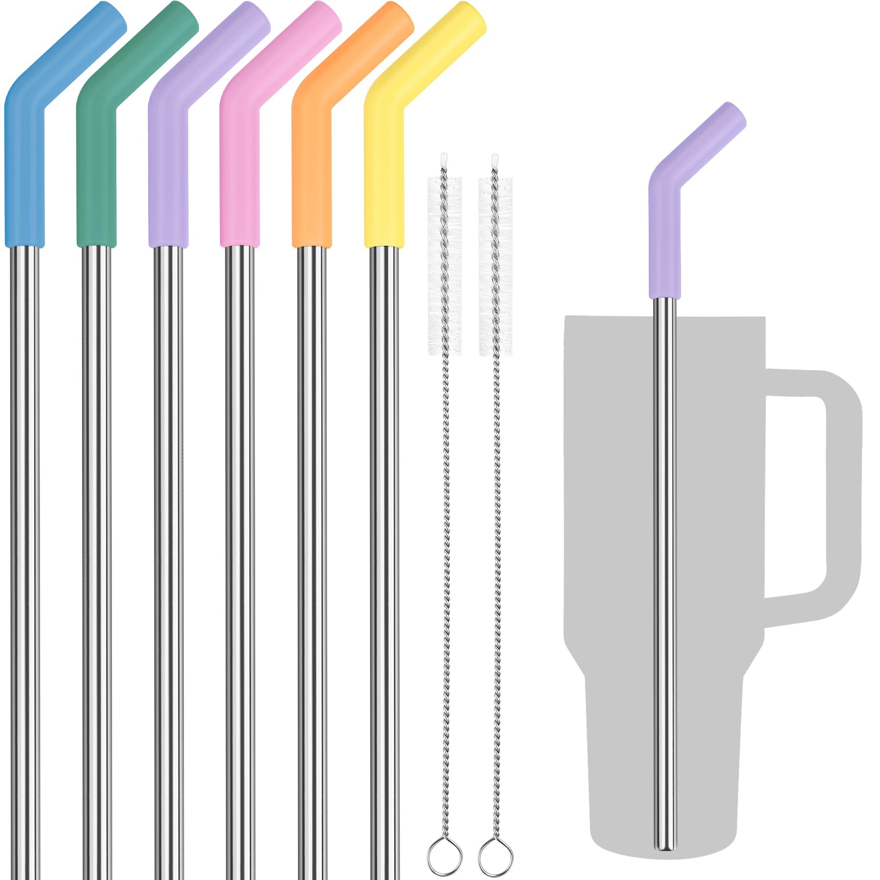 Tomorotec 6 pajitas de acero inoxidable con punta de silicona aptas para vasos Stanley de 40 onzas con 2 cepillos de limpieza, 13 pulgadas de largo, sin BPA, saludables y seguras para exteriores y
