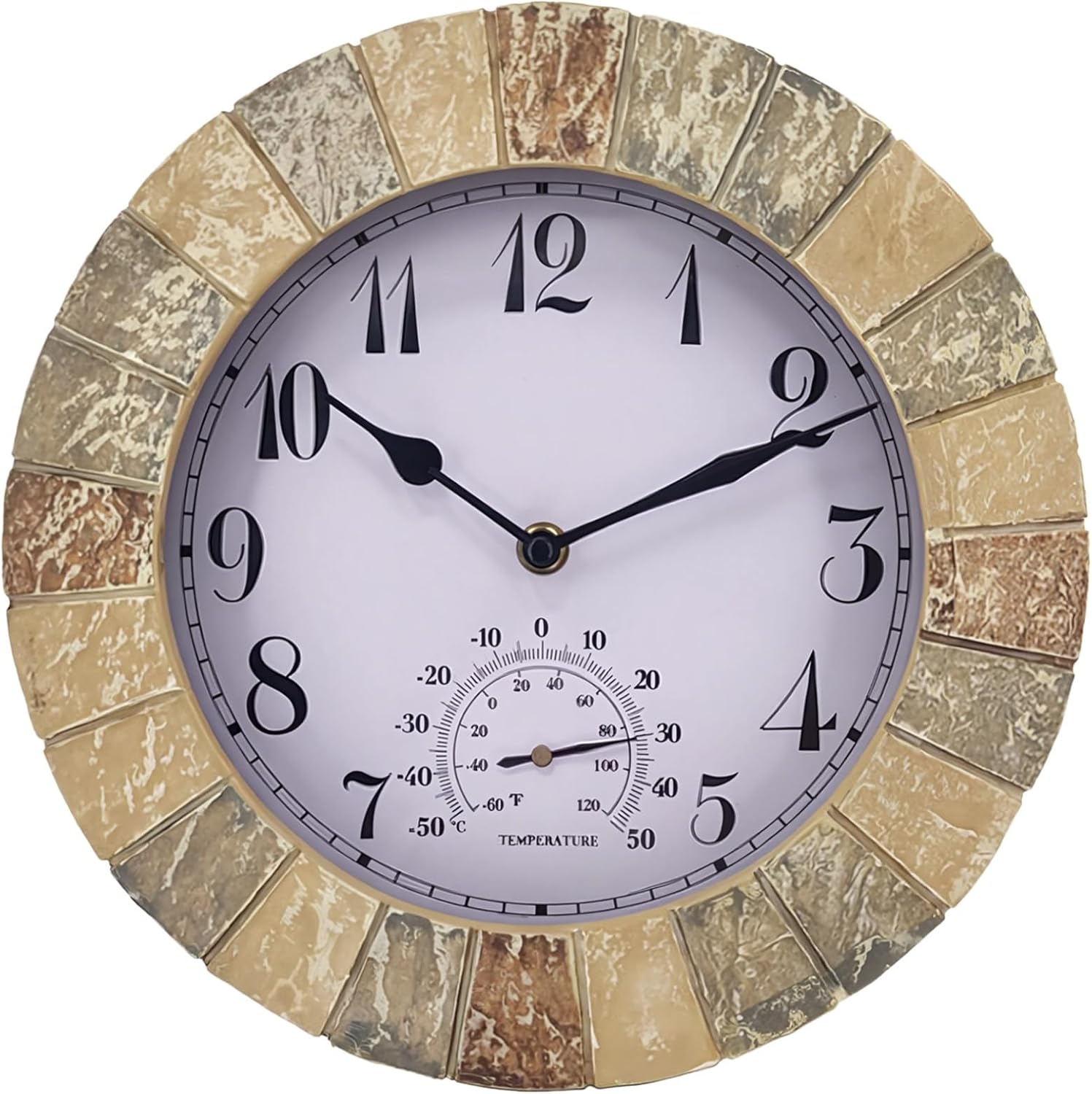 10 in / 26 Cm Outdoor Clock Thermometer Combo, European Style Resin Clock for Patio, Waterproof Garden Wall Clock, -58 ℉ / -50 ℃ Accurate Temperature