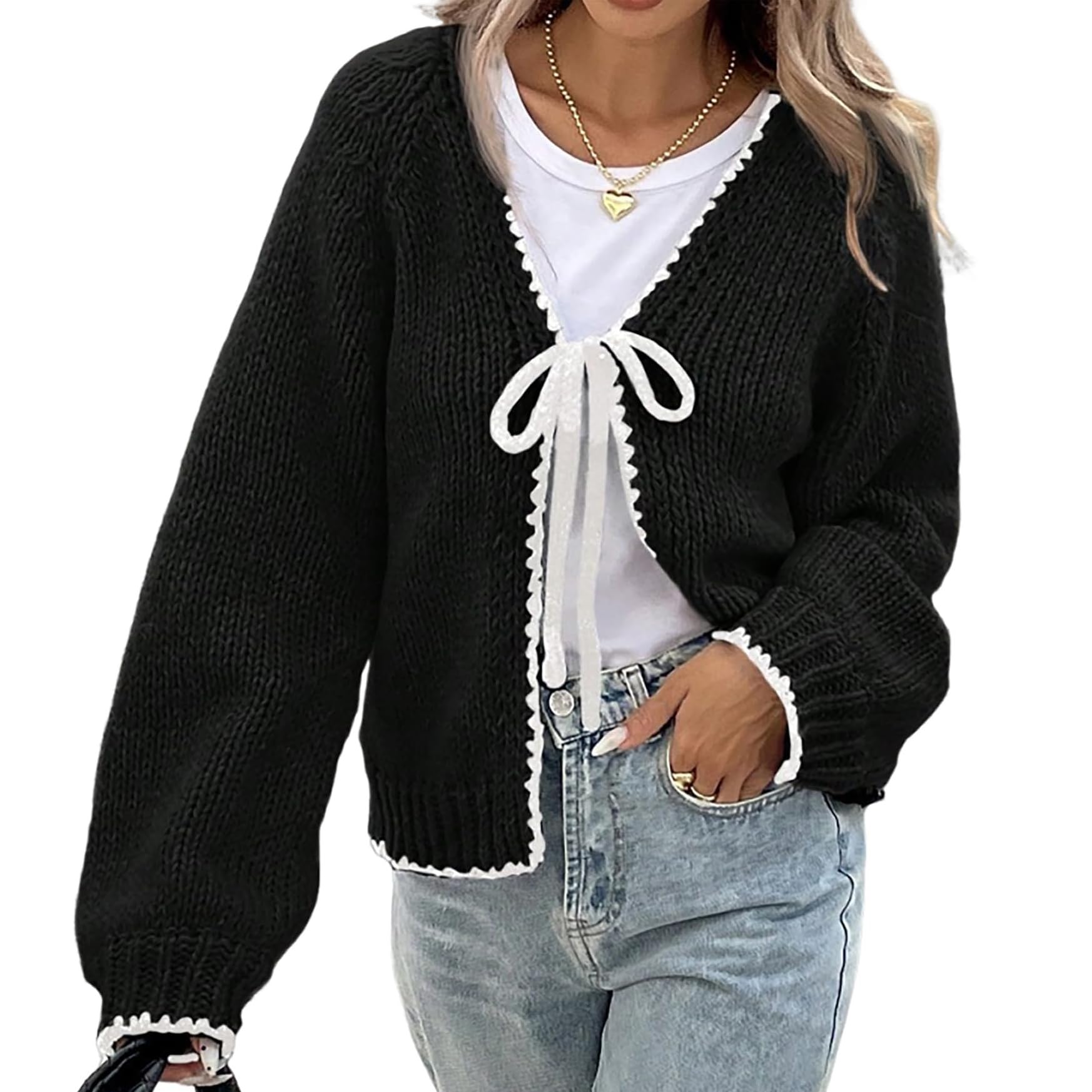 Cardigan for Women Long Sleeve Sweater Cute Tie Front Bow Puff Trendy Cardigan Sweaters Lightweight Fall Outerwear