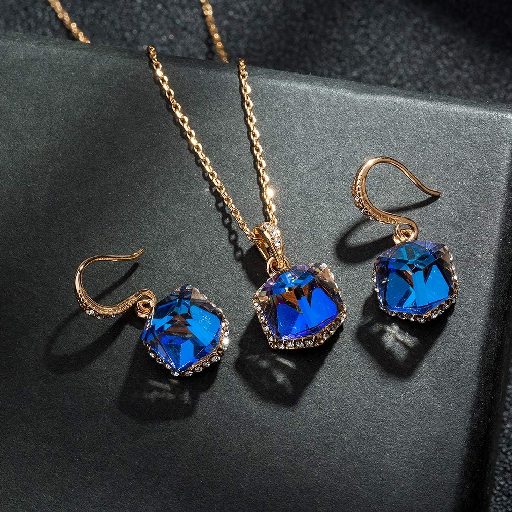 EVEVIC Colorful Cubic Austrian Crystal Pendant Necklace Earrings for Women 14K Gold Plated Hypoallergenic Jewelry Set - Image 3