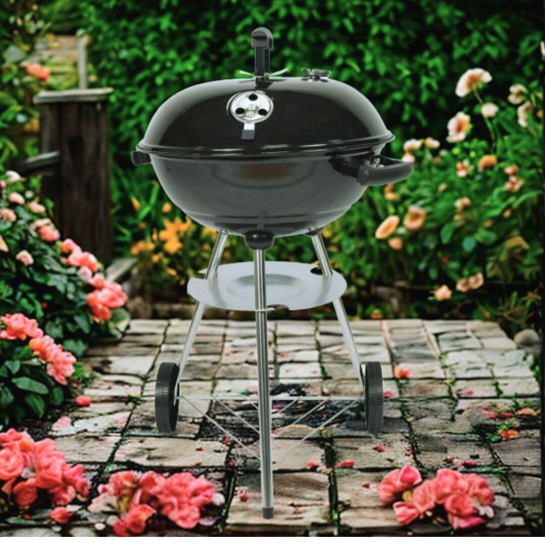 Nexos Kugelgrill Holzkohlegrill mit Deckel & Thermometer – Ø 41,5 cm verchromter Grillrost – BBQ Grillwagen mit Rädern – Schwarz – Outdoor Grill für Garten & Terrasse