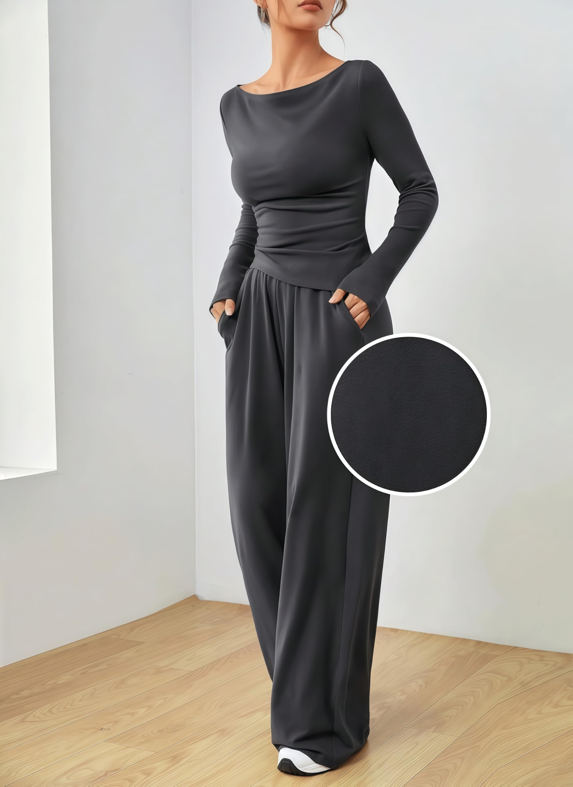 Ensemble Survetement Femme à Taille Haute Tenue de Sport ÉLéGante et DéContractéE Pour Femmes 2-Piece Soft Manche Longue Top Wide Leg Survêtements Ensemble Jogging