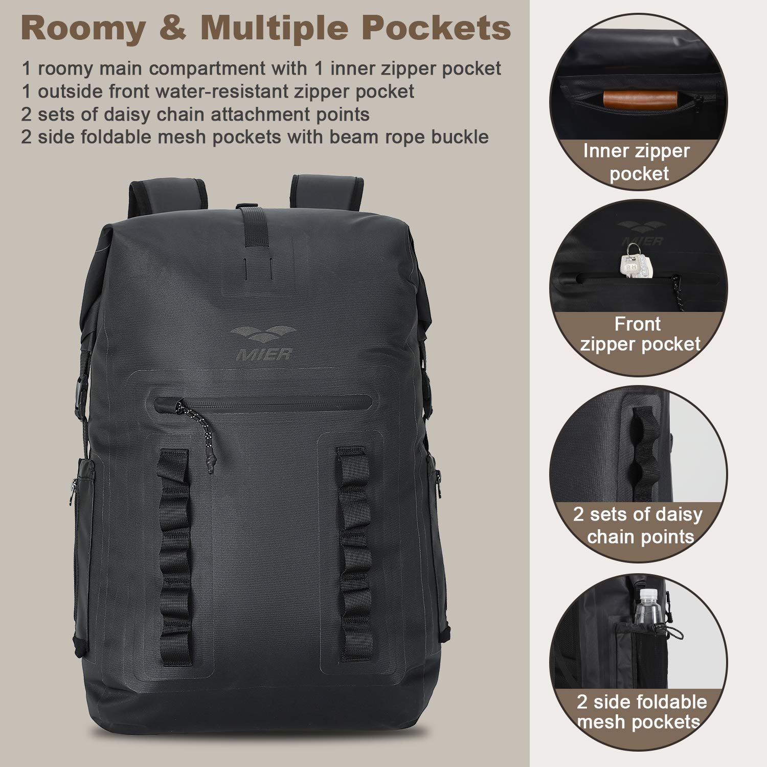 MIER Mochila Impermeable Dry Bag Resistente con Cierre Enrollable para Kayak, Playa, canotaje, natación, Surf, 30 L, Black, Bolsa Seca