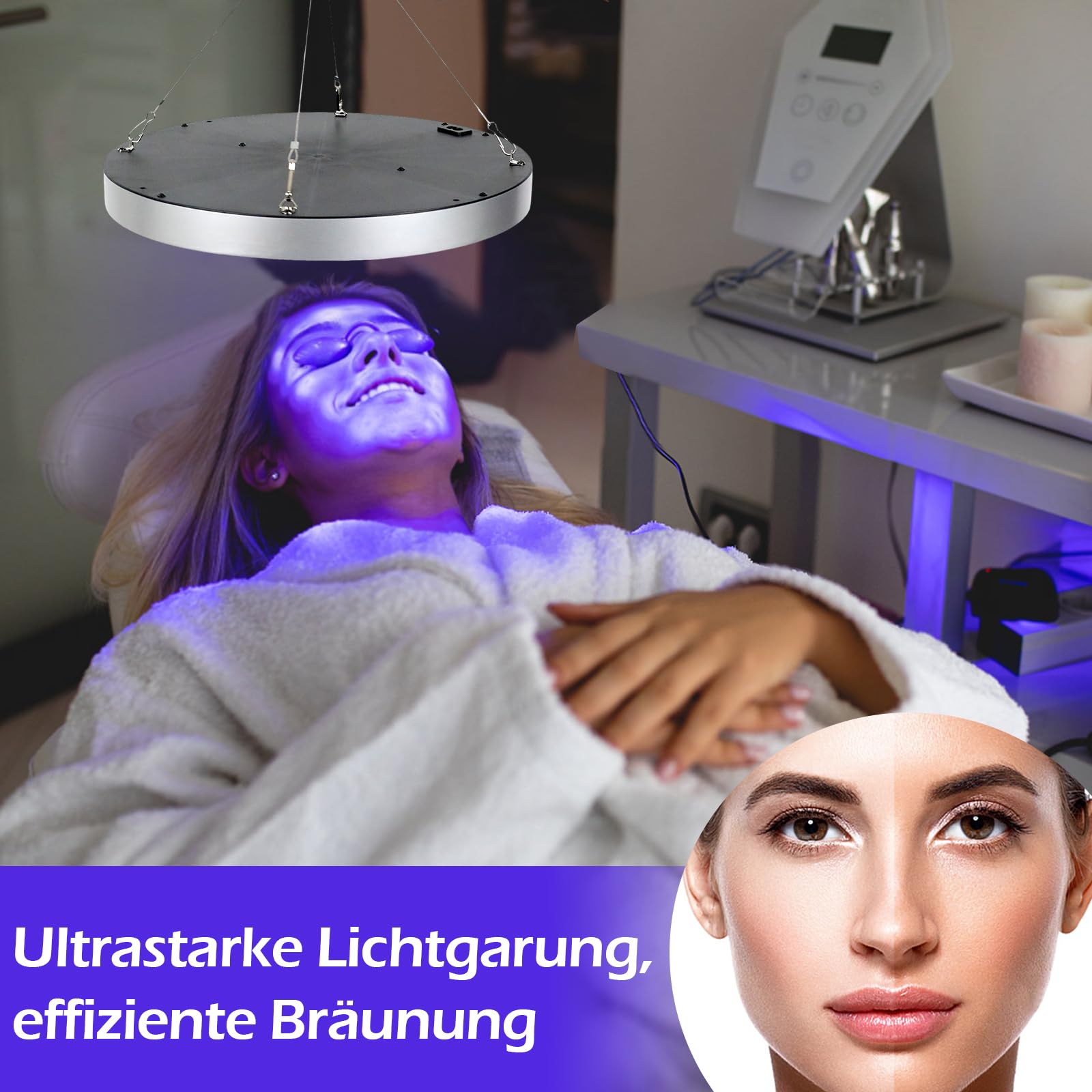 Bräunungslampe Solarium Für Zuhause, 250 LEDs 460NM Tragbare Bräunungslicht für Gesicht und Körper, Round Gesichtsbräuner Sonnenlampe Tageslicht mit Faltbares Ständer und Aufhängbare Haken (Silber)