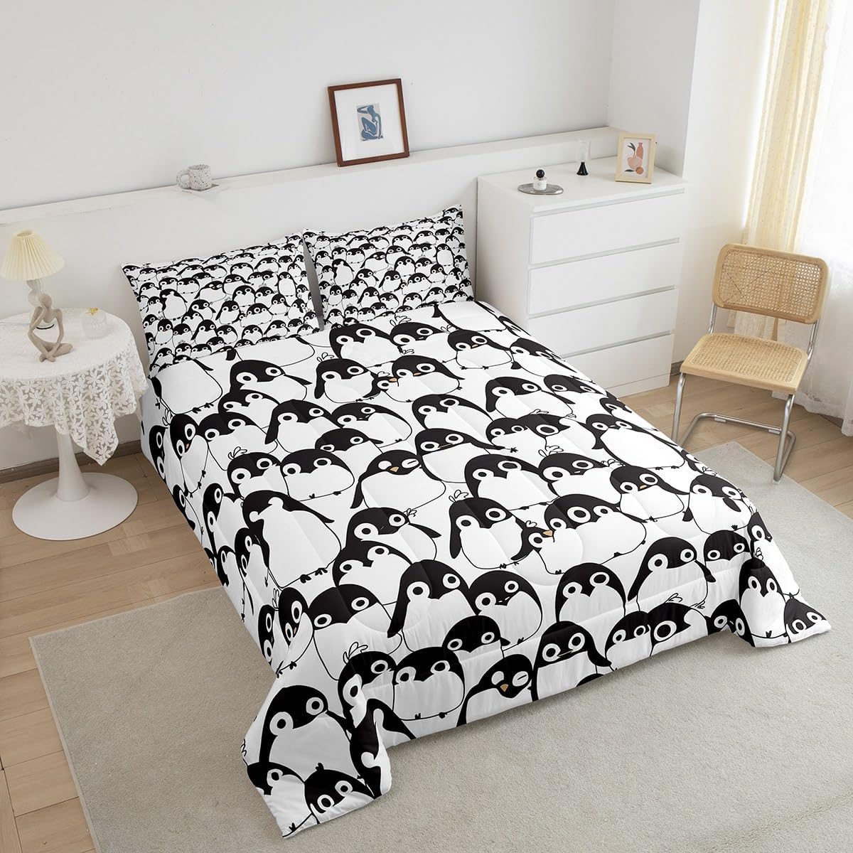 Erosebridal Kids Penguin Bedding Set Antarctic Animal Comforter Set Full Size, Kawaii Penguins Duvet Sets for Girls Boys Teens Adult Women Kawaii Cartoon Style Quilted Duvet, Black and White