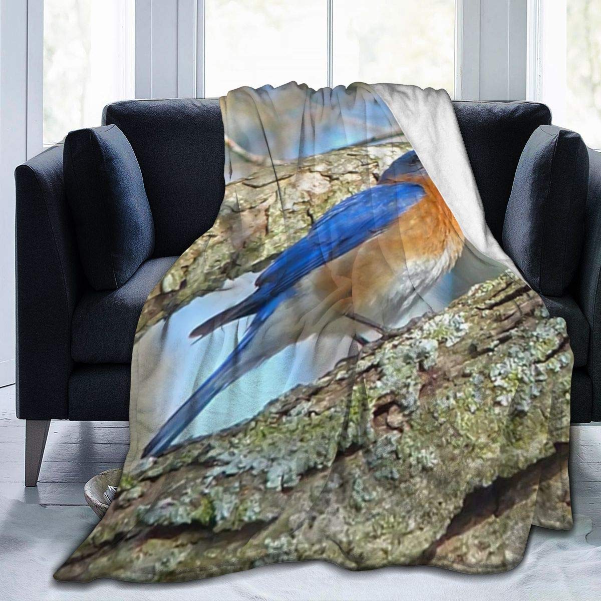 Oudrspo Modern Flannel Plush Blankets, 50"x40", Bluebird in Tree Natural Plant Wild Animal Missouri Pattern Throw Blanket for Fall Hotel Decorative, Air Conditioning Blanket and Thick Lightweight