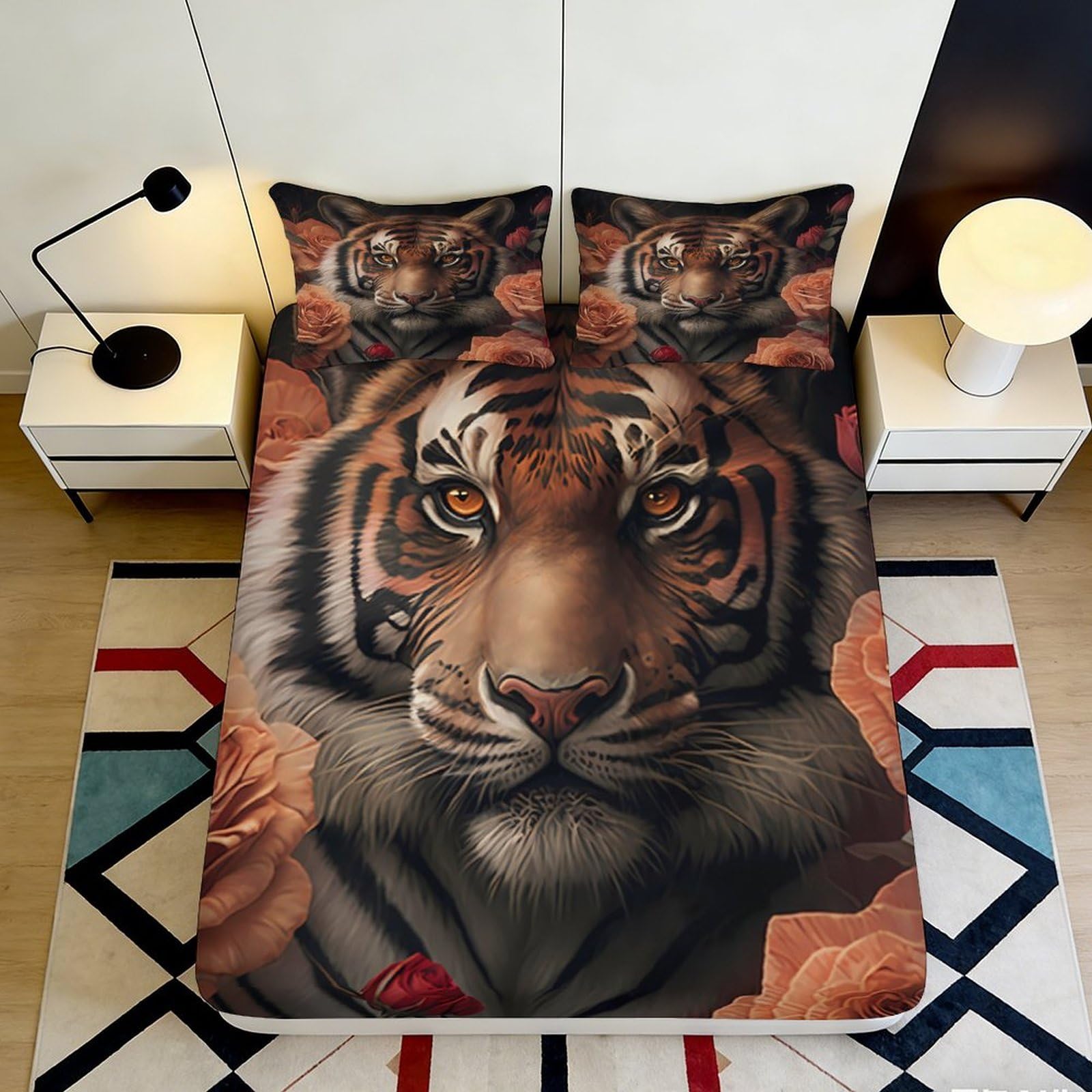 Pnayamiorkfel Style-5 3D Printed Tiger Floral Fitted Sheet Microfiber Breathable Bed Cover For Bedroom Guest Room Mattress Protection Decor 90X200x25cm