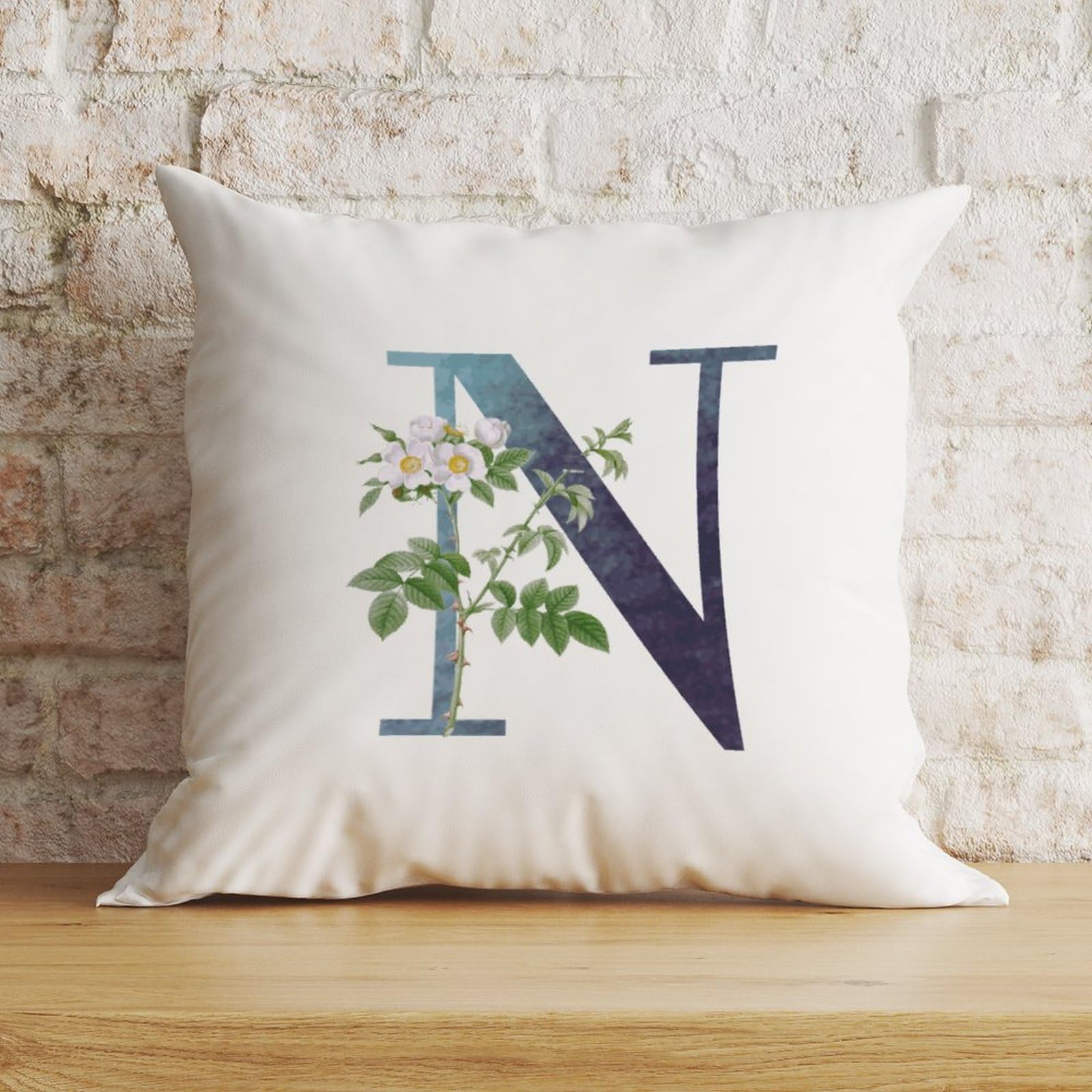 Zyadsinoudor Throw Pillowcase Monogram Initial N Blue Pillow Case Alphabet White Floral 18x18in Decorative Pillow Home Cotton Linen Family Inital Funny Throw Pillow Cover For Couch Sofa Decor — image 1