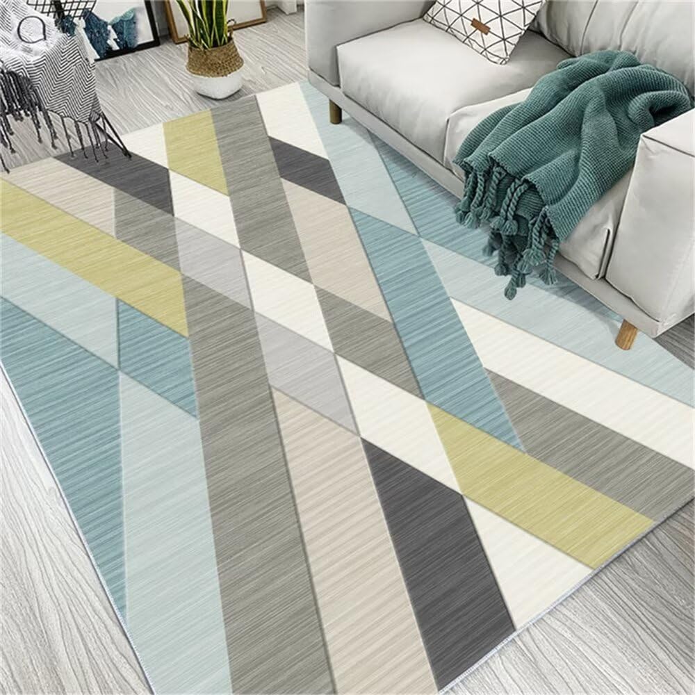 Tapis de salon bleu géométrique 100x200 durable et tapis de chambre fille lavable