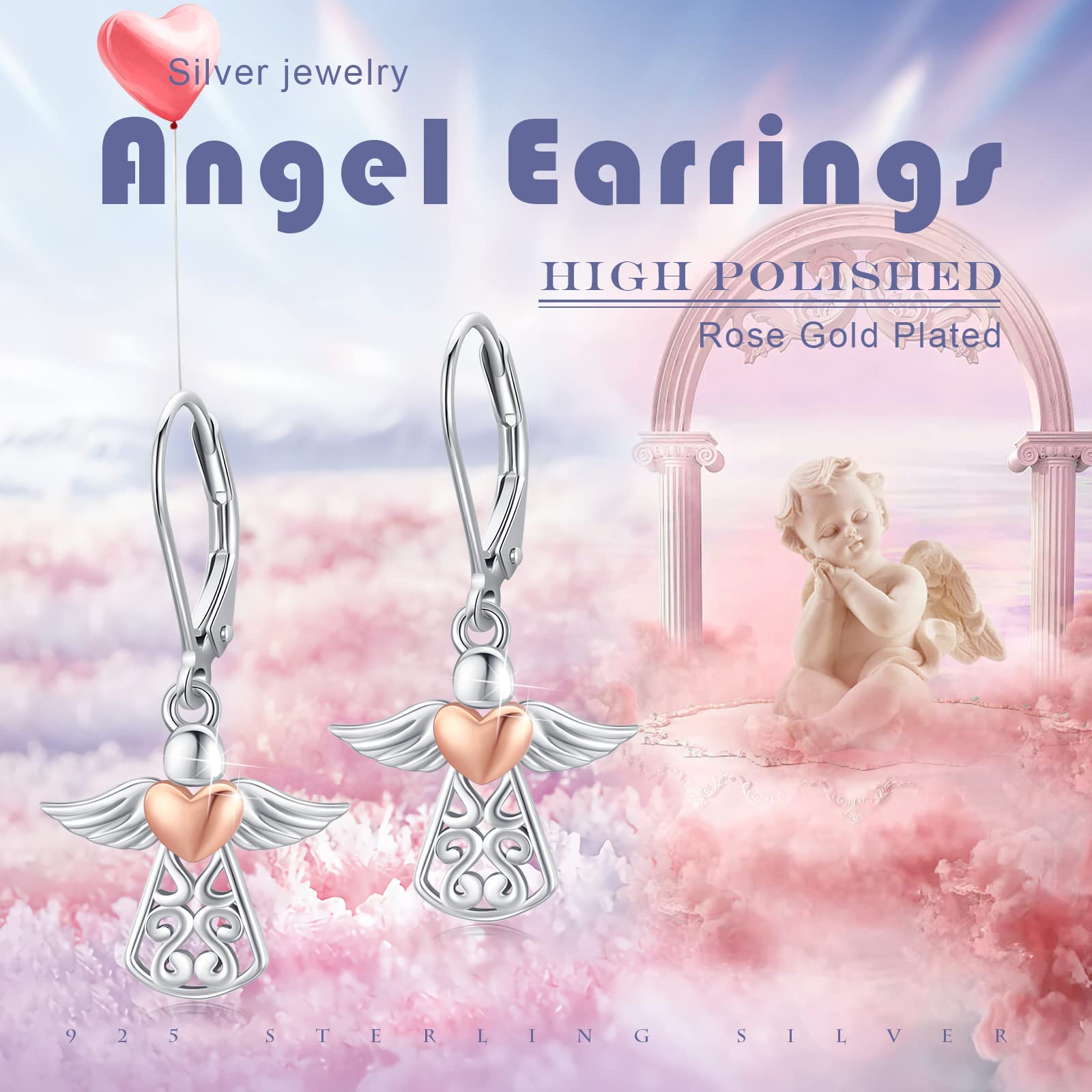 Pendientes de ángel de la guarda de plata de ley 925 con cierre de palanca de ángel con estrella y ángel, aretes de aro colgantes de ángel para mujer, Plata