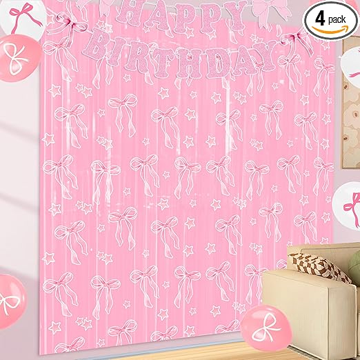 Pink Bow Party Decorations, 4Pack Pink Bow Foil Fringe Curtains, Bow Coquette Birthday Decorations Supplies, 3.3 x 6.6ft Pink Streamer Pink Bow Backdrop Decor for Girls