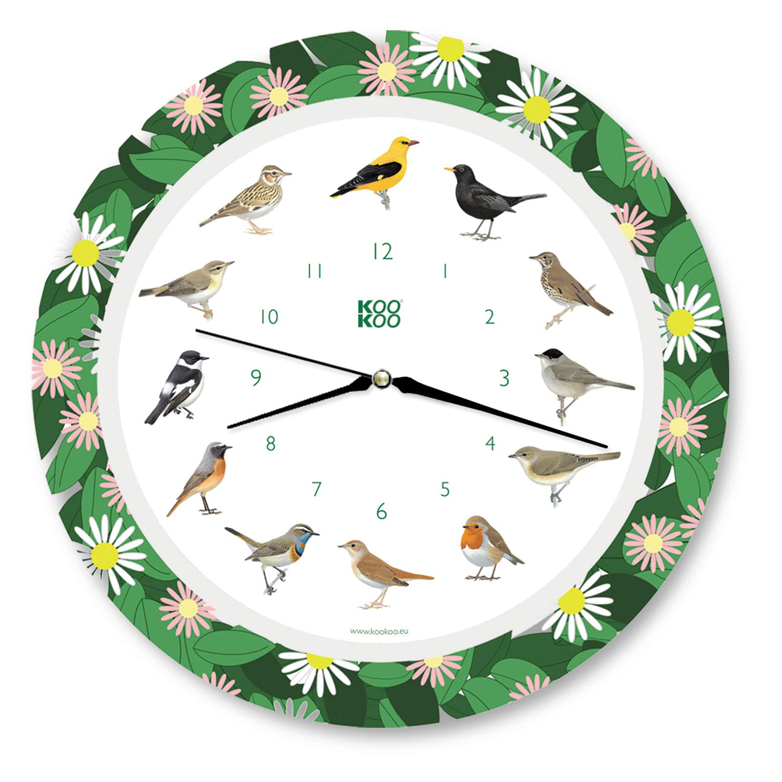 KOOKOO Reloj con diseño de pájaros cantores con 12 pájaros cantores y auténticas Voces Naturales de pájaros, con Mecanismo de Cuarzo radiocontrolado por Radio
