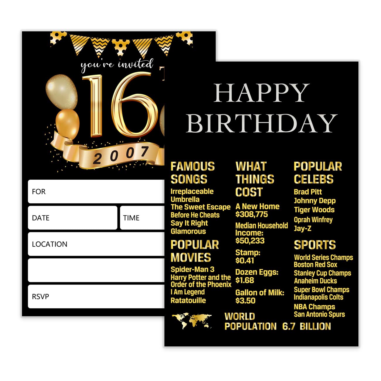 wuguimeii Black Gold Design Birthday Invitations with Envelopes for 16th Birthday Party,Funny 16 Year Old Birthday Gift for Friend Family,Double-Sided,20 Counts
