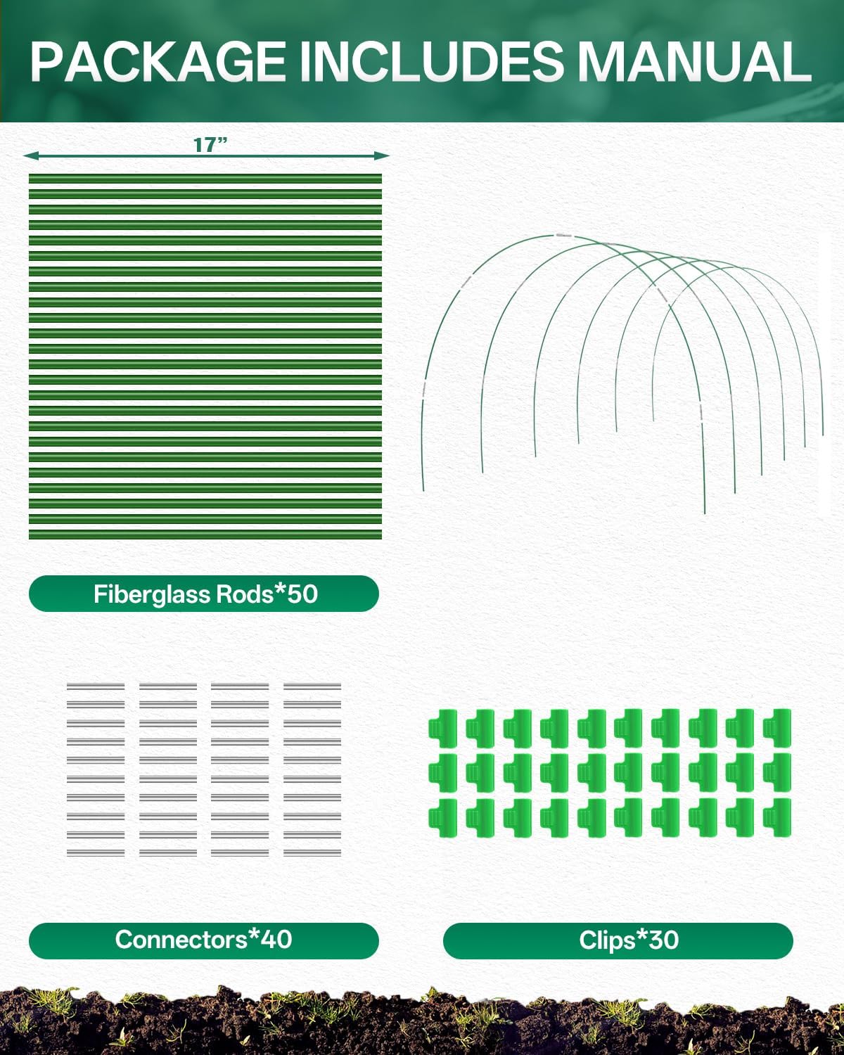 Breeze Touch 50PCS Garden Hoops for Raised Beds, PVC-Coated Greenhouse Hoops for Row Cover & Frost Protection, Rust-Free Garden Tunnel Kit with 40 Connectors & 25 Clips, Fits 3.5ft-4ft Wide Beds