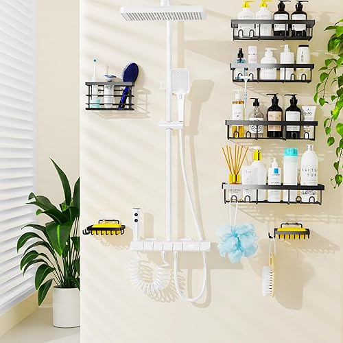 Miniatura 6 de Moforoco Paquete de 7 estantes organizadores de ducha adhesivos, organizador de almacenamiento de baño, decoración para el hogar y la cocina en el