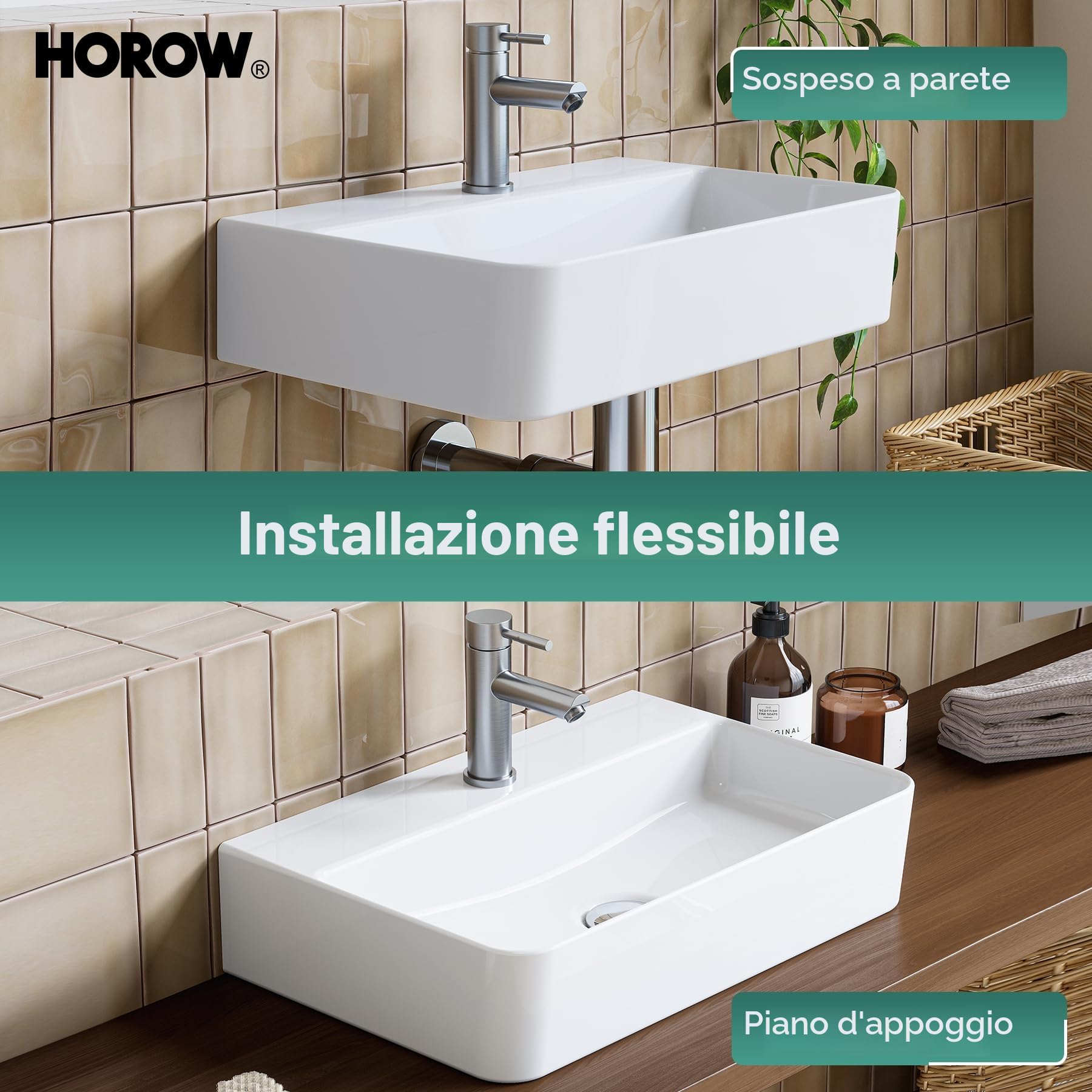 HOROW Lavabo a parete sospeso in ceramica bianco, rettangolare, 46 x 30 cm, lavandino con foro per rubinetto senza troppopieno, piccolo lavandino per ospiti | Lavabo sospeso, rettangolare, con foro per rubinetto senza troppopieno, 46 x 30 cm