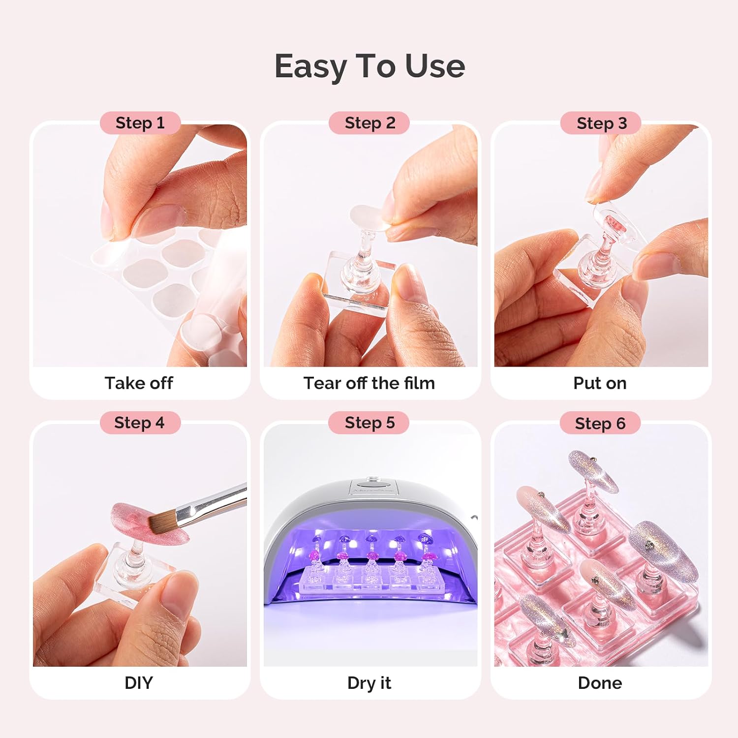 MelodySusie Nail Stand for Press Ons, Non-Magnetic Base for Practice Painting Display with Brush Holder and 100 Pcs Double-Sided Tape for Home DIY Salon Supplies, Cat Eye Friendly, Pink