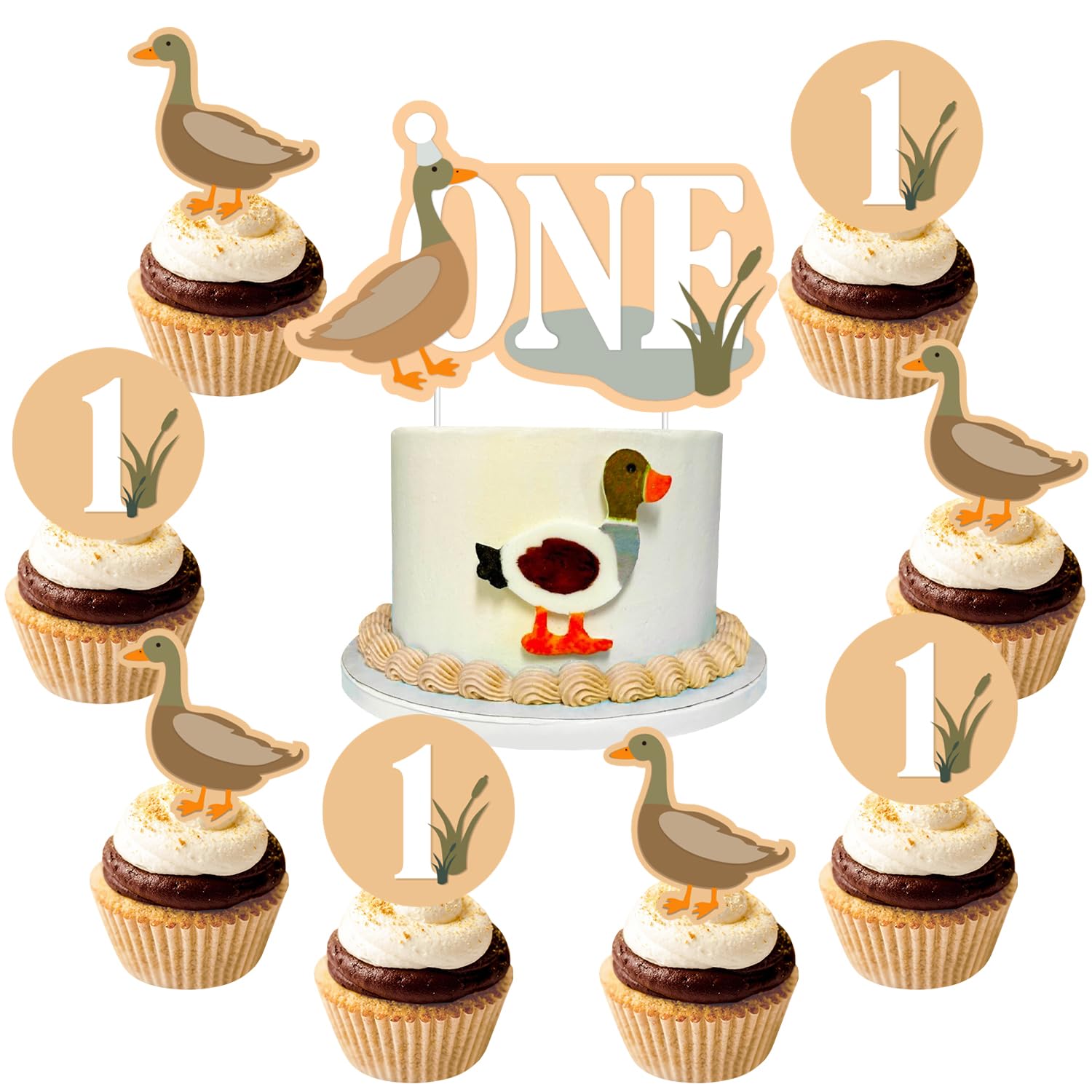 Mallard Duck 1st Birthday Cupcake Toppers One Cake Toppers Duck Themed Cake Decorations 1st Happy Birthday Party Decorations for Boys Girls Baby
