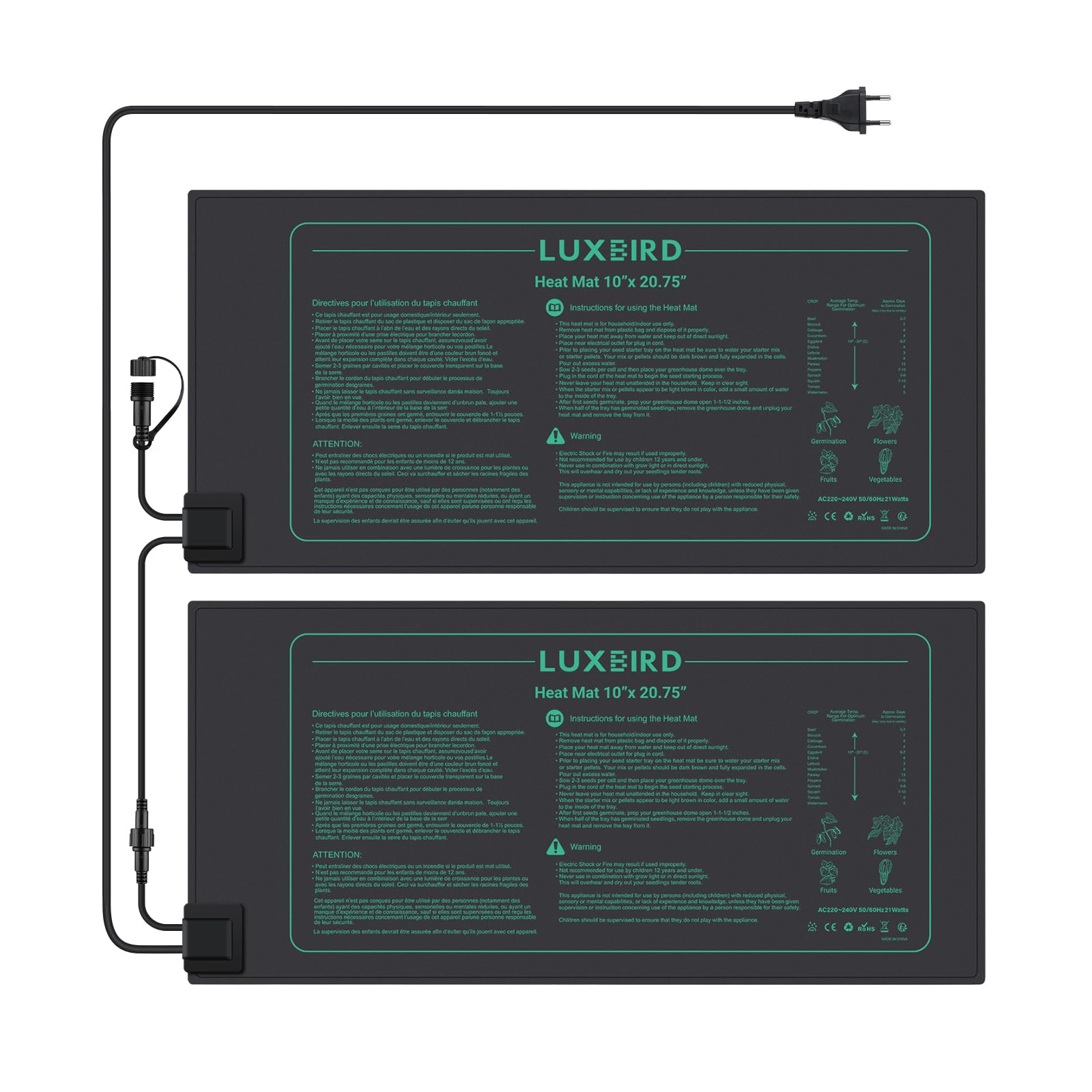 Luxbird Alfombra calefactora para la germinación de plántulas, 21V, Paquete de 2 Alfombrillas calefactoras, Control de uno a Varios, 52,7 x 25,4cm