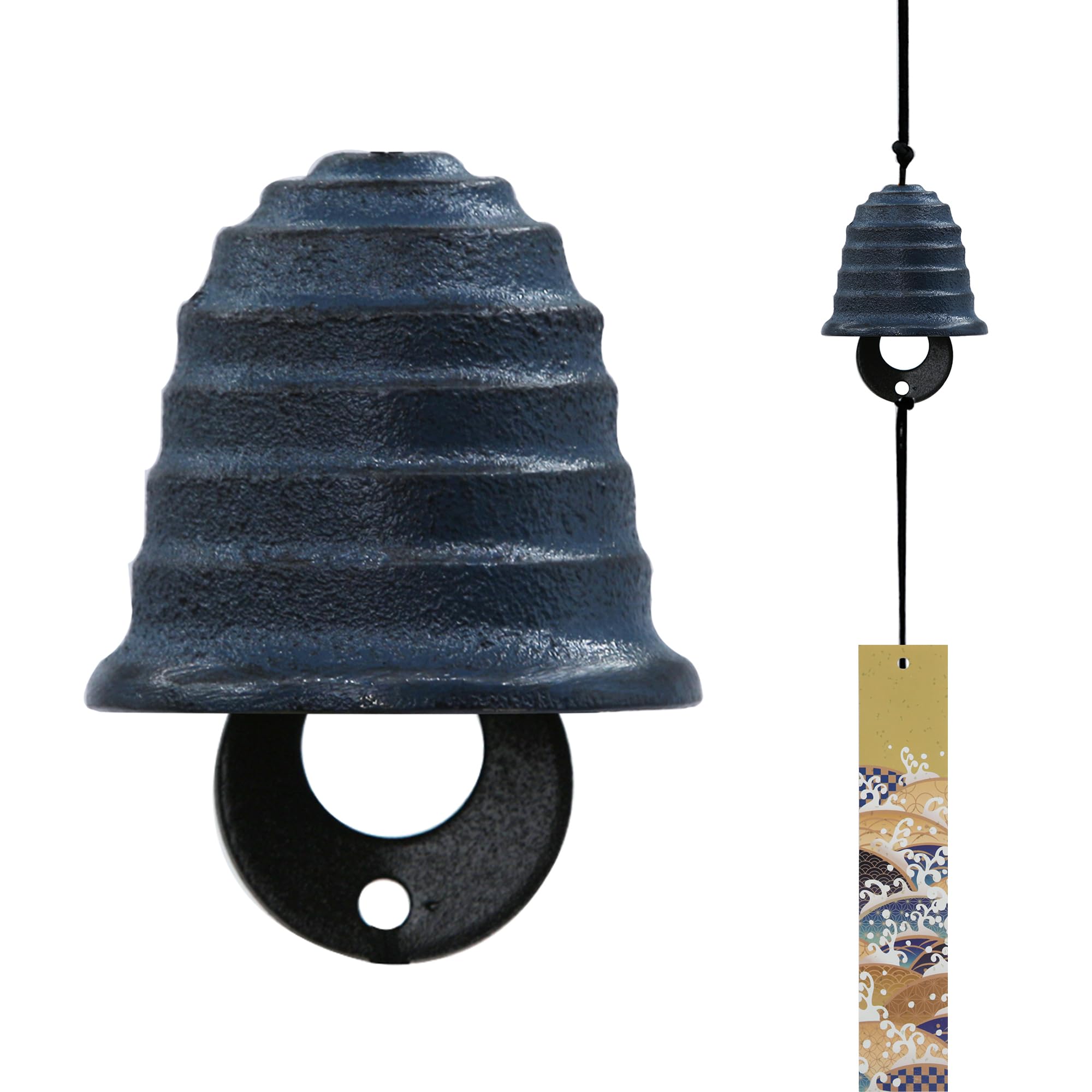 Japanese Wind Chime Cast-Iron Outdoor Ornament for Garden, Patio & Balcony, Hanging Metal Wind-Bell Decoration Gift, Blessing Pendant Windchimes & PVC Wind-Catcher, Waterline - Blue