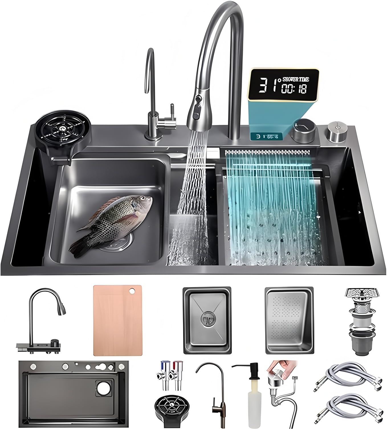 CZYWKDDPP Workstation Stainless Steel Waterfall Tap High Pressure Simple Home 90x50cm Black/Grey
