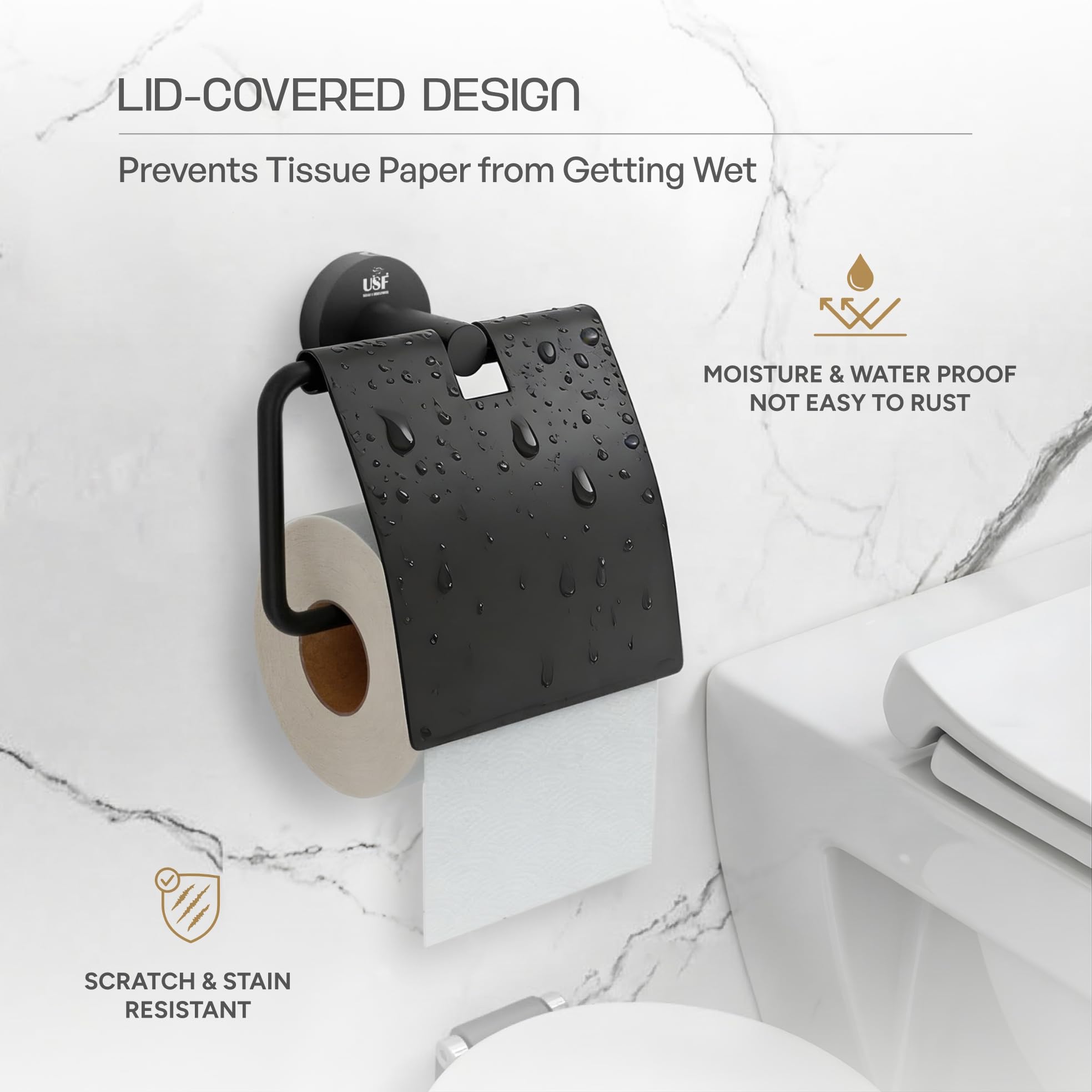 USF 304 Stainless Steel Toilet Paper Holder, Black Finish Tissue Roll Stand, Wall Mounted Toilet Tissue Holder for Bathroom, Corrosion Resistant, Modern Utility Design, 25 Years Warranty - Puma 2