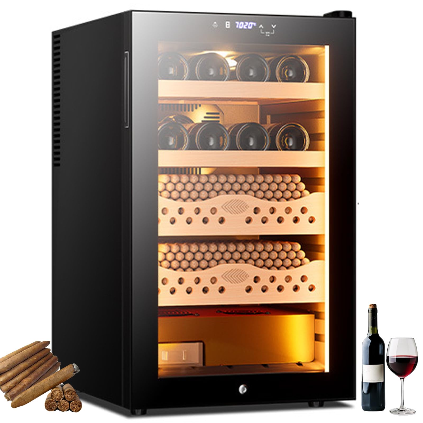 Elektryczny humidor cygara o pojemności 70L, posiada do 400 cygar, półki cedrowe dla wzmocnienia smaku, zaawansowaną kontrolę temperatury i wilgotności, interfejs inteligentnego dotyku, oświetlenie LE