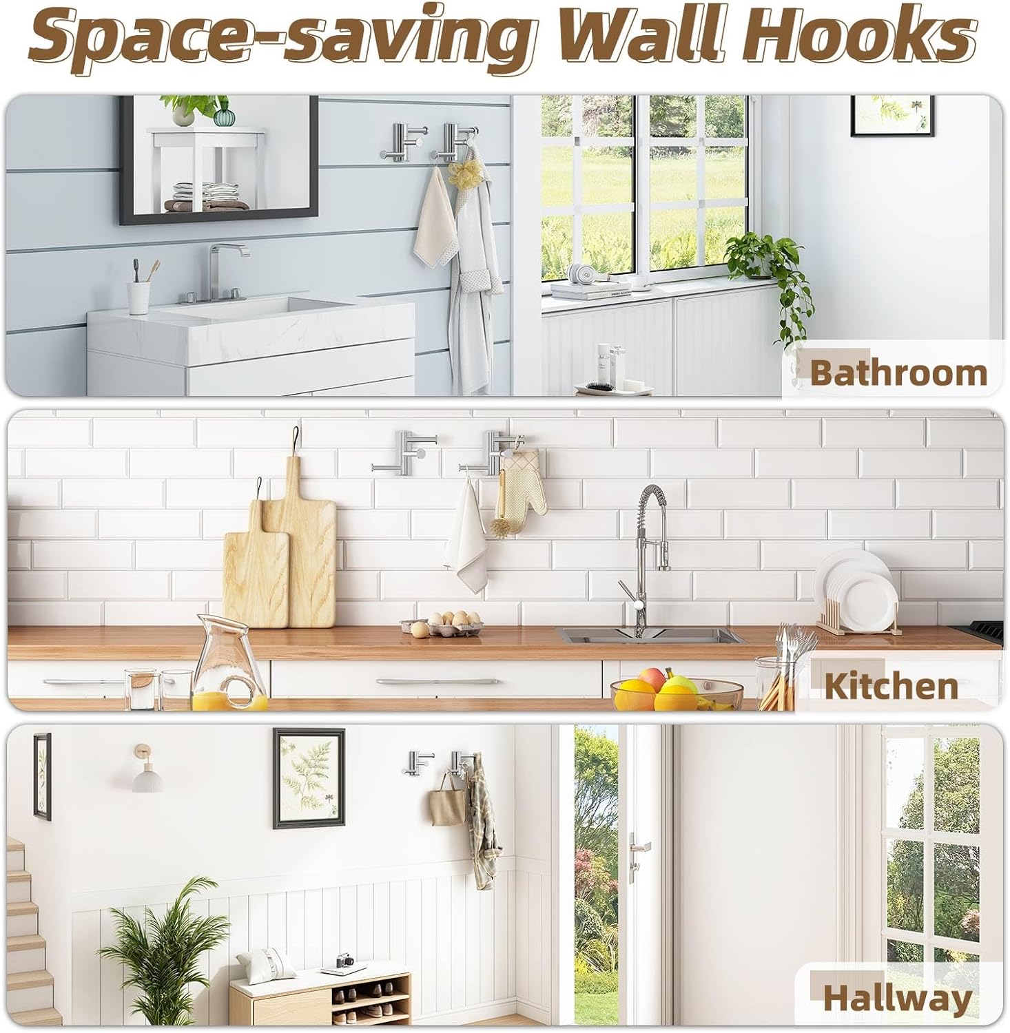 APLusee Swivel Towel Hooks Polished Chrome, 304 Stainless Steel 3 Arms Foldable Bathroom Robe Towel Hook, Shower Coat Hook, Wall Kitchen Holder, 2 Pack