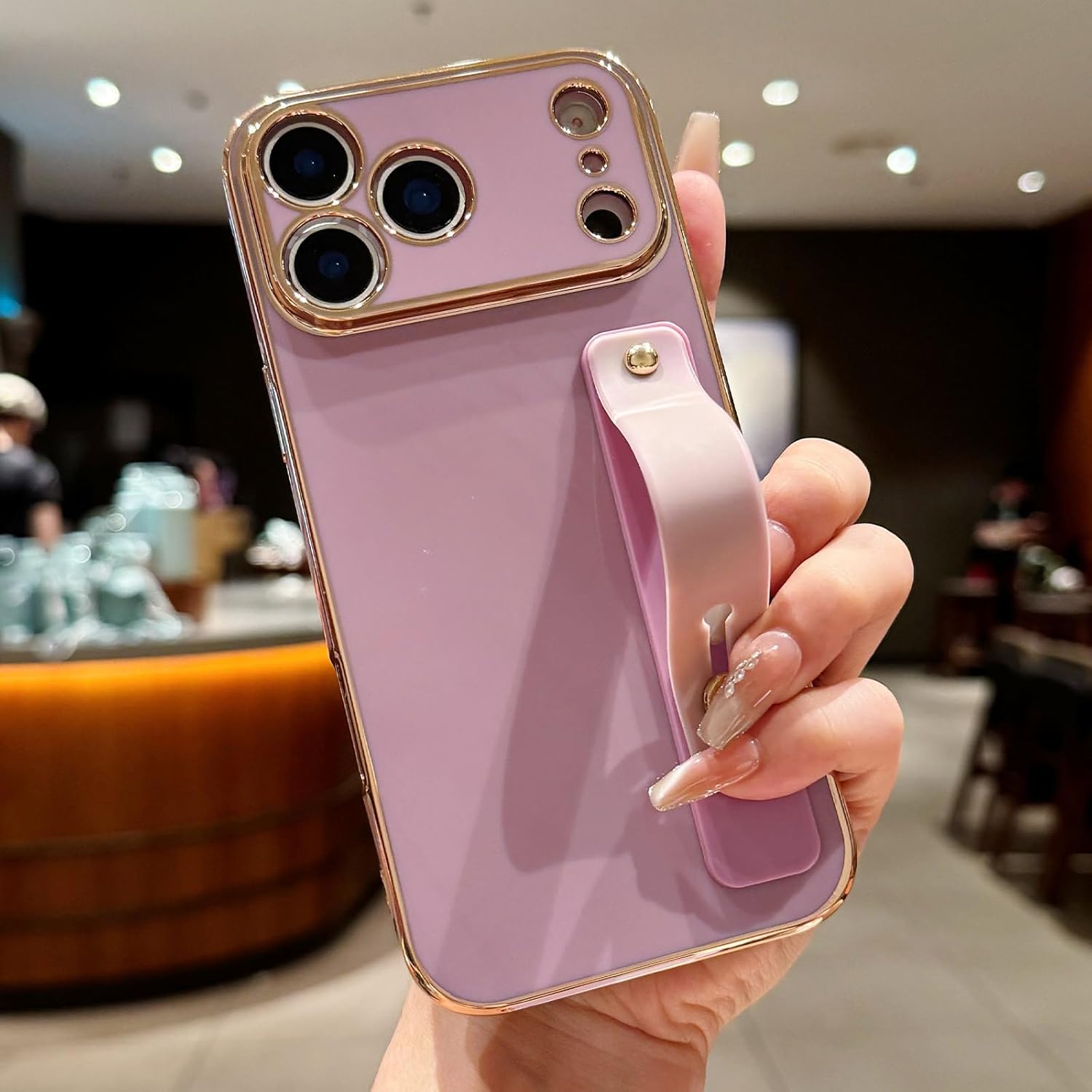 Lafunda for iPhone 17 Pro Case Cute, Luxury Gold Plated for Women Girls Elegant TPU Bumper Cover with Wrist Strap Kickstand Camera Protection Shockproof Silicone Phone Case for iPhone 17 Pro, Purple - Image 4