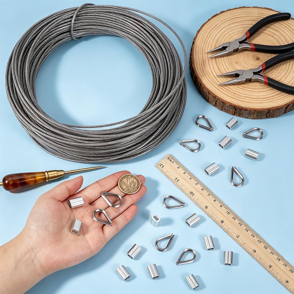 BENECREAT Cuerda de acero inoxidable 304 de 50 m, 3,5 mm recubierto de plástico, 7 x 7 hilos con 20 guardacabos y 50 casquillos de aluminio para colgar cadenas de luz, suspensión de imágenes y