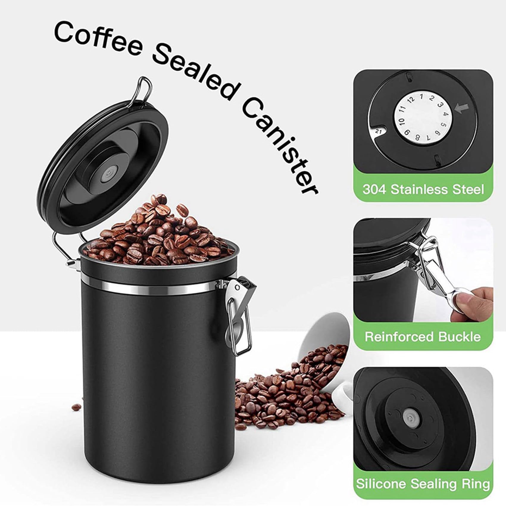 Lot de 2 boîtes à café hermétiques - 500 g - 1,8 l - Avec boîte de rangement pour café en poudre, thé, cacao