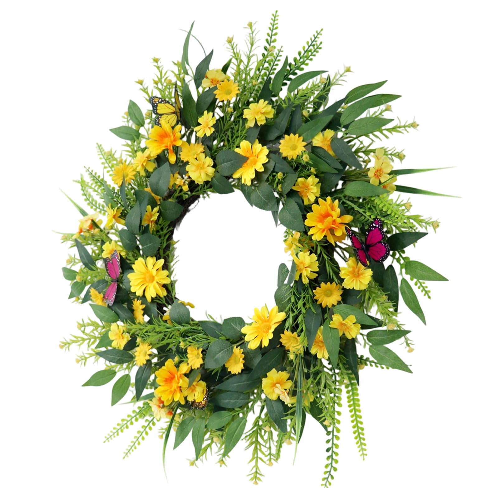 Oxxggkao Artificial Gerbera Flower Wreath with Realistic Leaves for Front Door Farmhouses Garden Wedding Decoration Artificial Flower Wreath