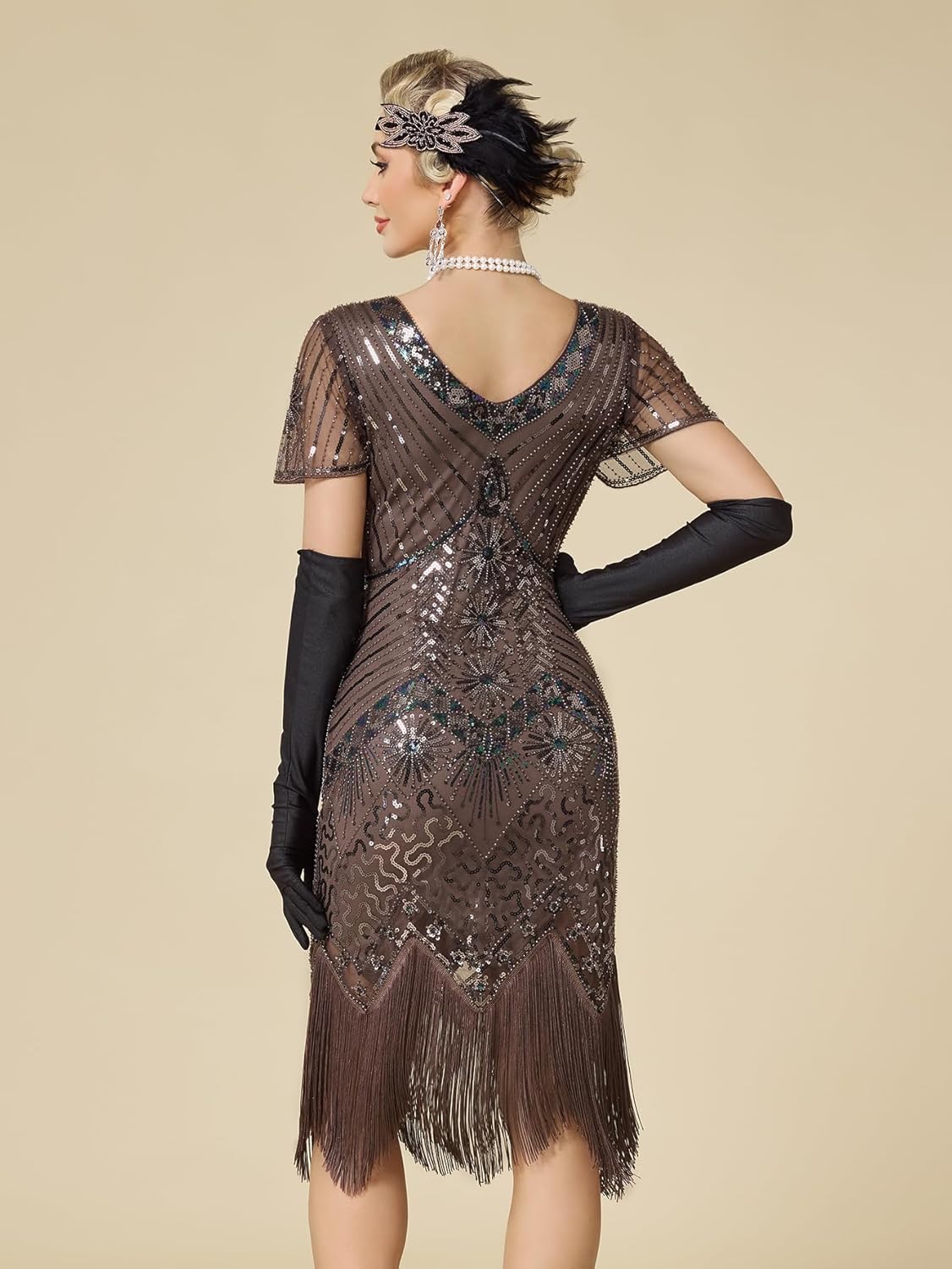 MTITE 1920s Flapper Dresses for Women, Great Gatsby Dresses Roaring 20s, Sheer Beaded Sleeves Costume with 20s accessories