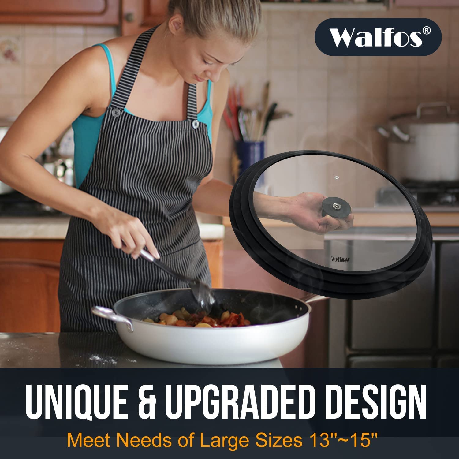 Walfos Tapa universal para ollas, sartenes y sartenes. Se adapta a utensilios de cocina de 33 cm, 36 cm y 38 cm de diámetro, tapa de vidrio con borde de silicona resistente al calor, (negro)