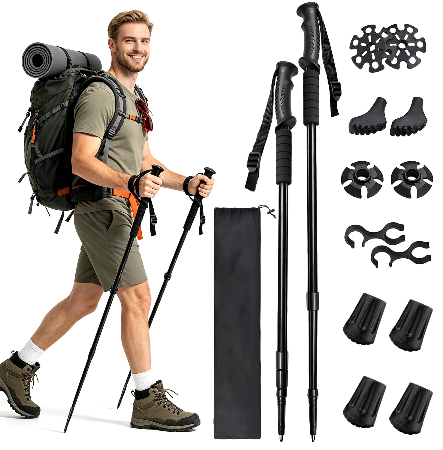 Bastones de Senderismo 2 Unidades, Bastones de Trekking Retráctiles Ajustables con Antichoque, Bastones para Montañismo, Escalada, Esquí, Resistentes para Terrenos Irregulares, 135cm (Negro)