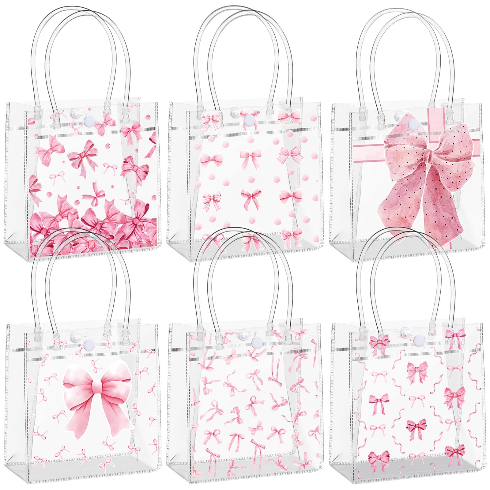 MotiMind 24 Pcs Pink Bow Clear Gift Bag Coquette Plastic Wedding Gift Bag with Handle Reusable PVC Tote for Bachelorette Bridal Shower Wedding