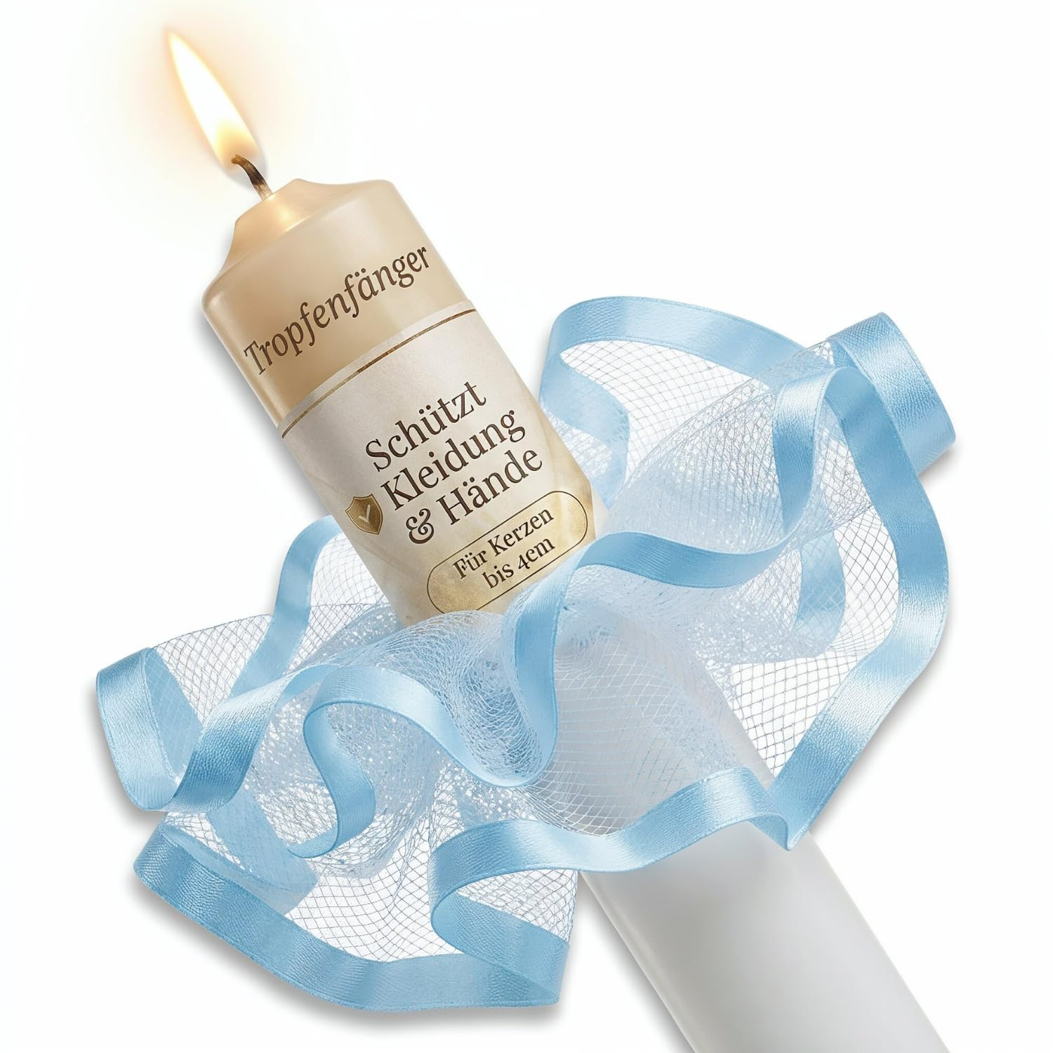 ELBKAISER - Tropfschutz für Kommunionkerze & Taufkerze – Festliche Kerzenmanschette aus Tüll mit edlem hellblauen Rand – Weißer Wachsschutz, passend für Ø 2-4 cm Kerzen, Handarbeit