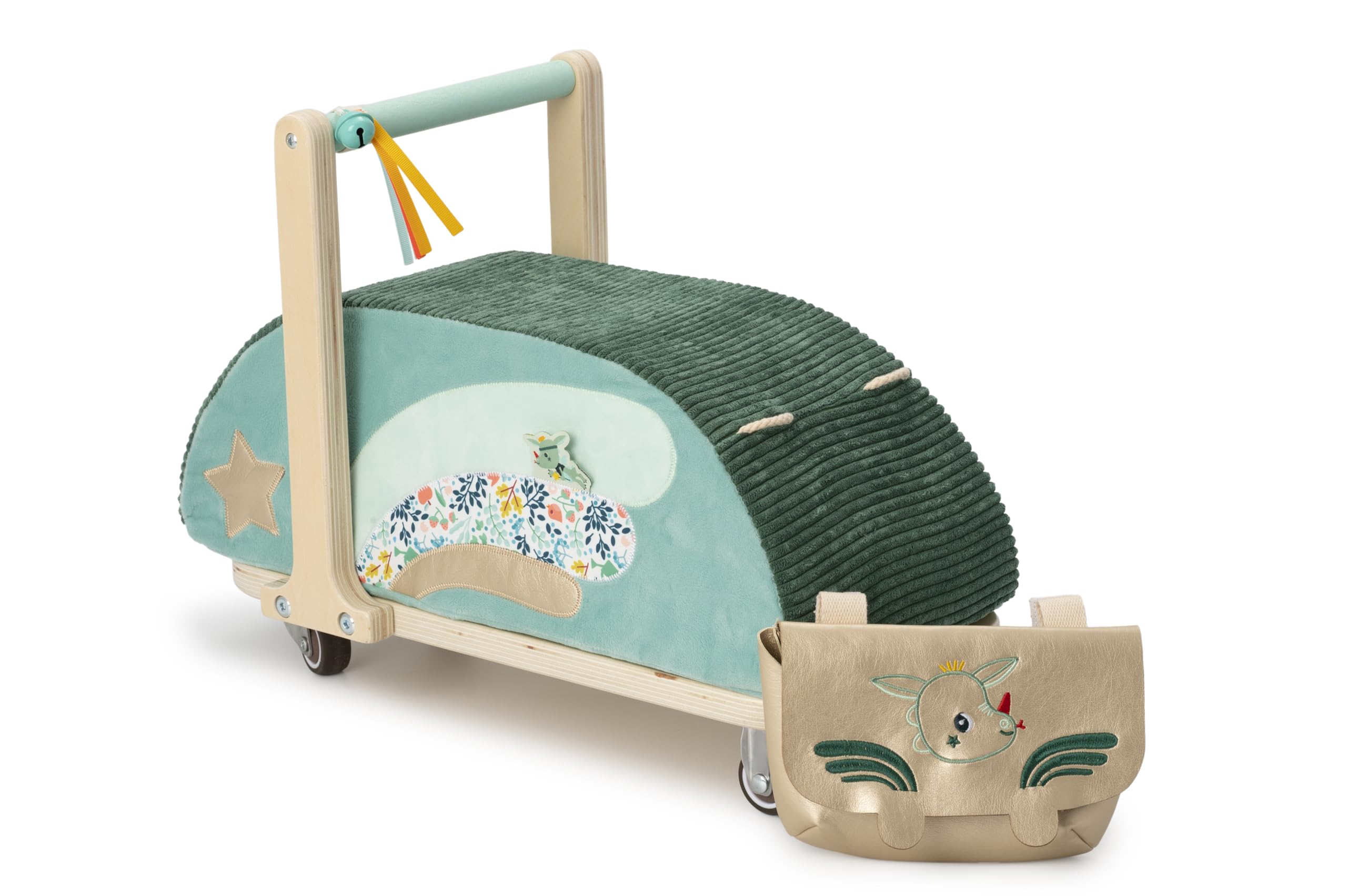 LILLIPUTIENS - Girello per Bambini in Legno e Tessuto Joe Il Drago - Stimola l’immaginazione e l’Equilibrio dei più Piccoli - con Ruote multidirezionali e Tasca Rimovibile - dai 12 Mesi - 83467