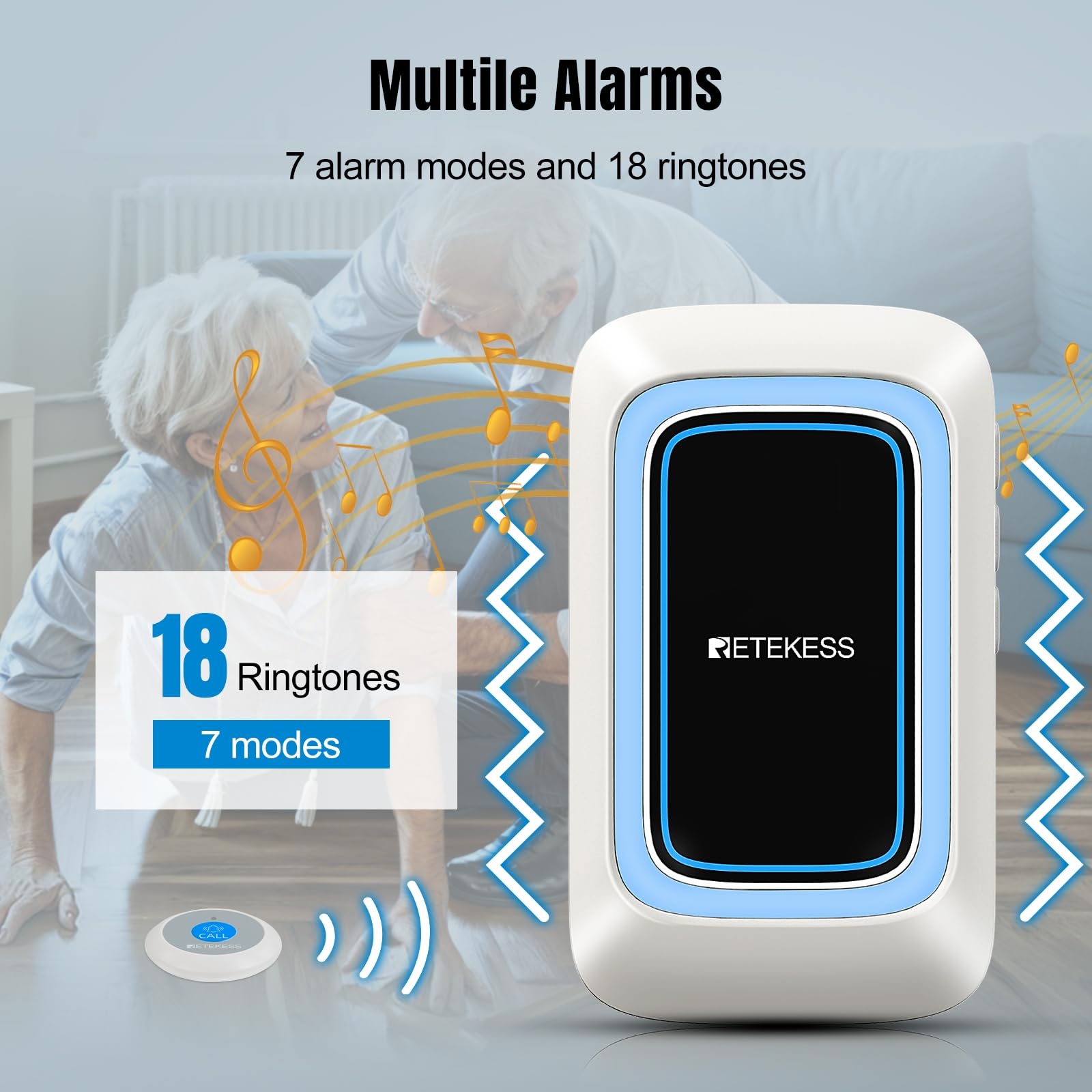 Retekess TH109 Pulsante Di Chiamata Wireless, Pulsante di Chiamata Per Anziani, Distanza di Comunicazione di 850 Piedi, Allarme Multimodale, Assistenza Domiciliare (1 Pulsante e 1 Ricevitor)