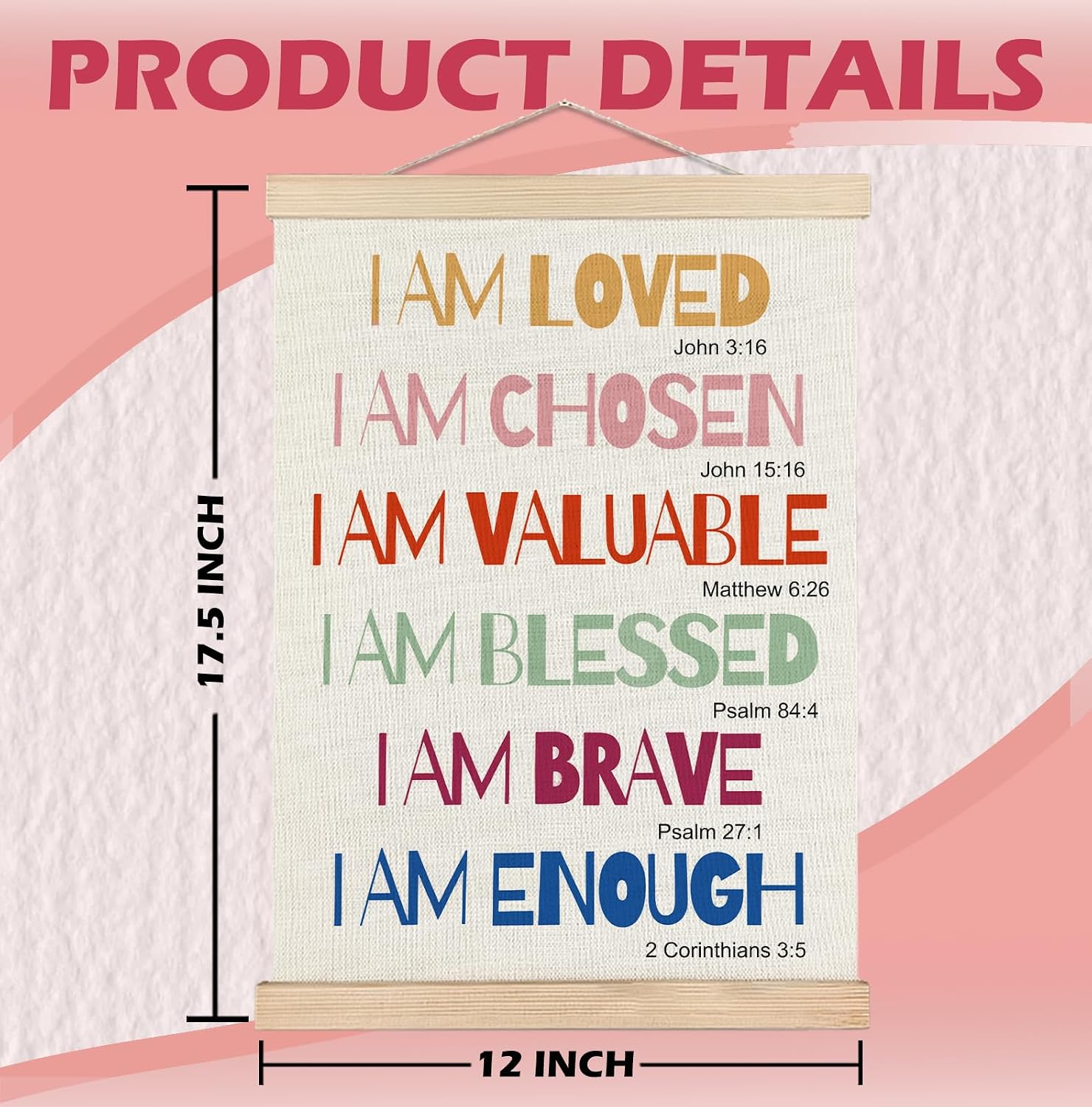 SPBL&L Boho Motivational Christian Wall Art Poster Hanger Frame, I Am Loved Bible Verse Positive Affirmation Hanging Canvas Pictures Prints Wall Decor for Kids Room Bedroom Nursery, 12x16 Inch