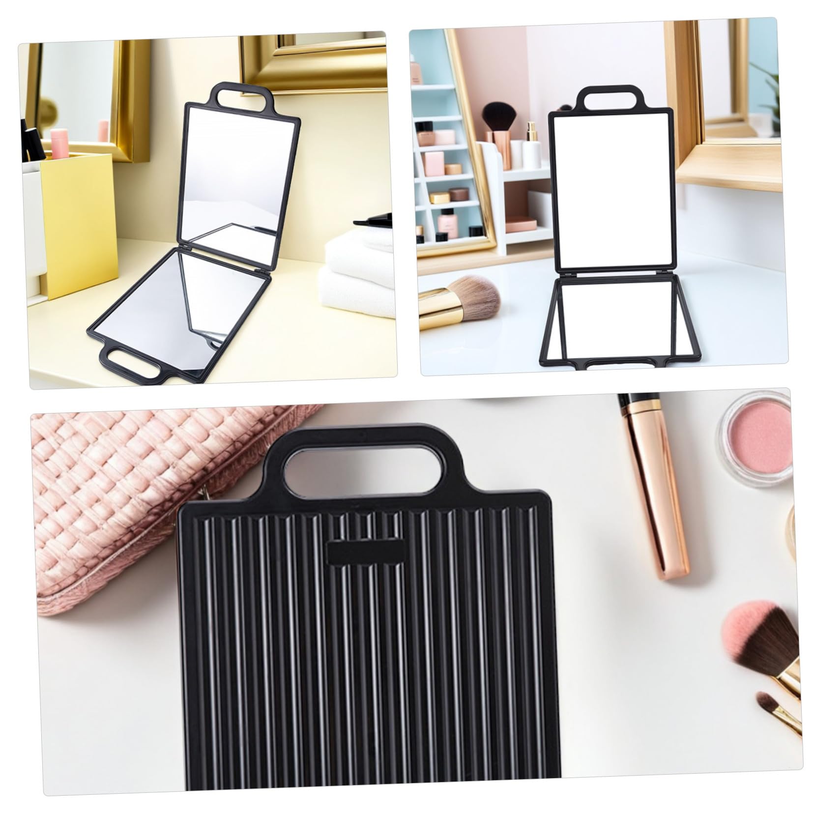 MAGICLULU Doppelseitiger Friseurspiegel mit Make Up Ablage aus Glas und Kunststoff Klappbar für Salon und Haarschnitt Klar Reflektierend und Handlich Schwarz Zufälliger Stil