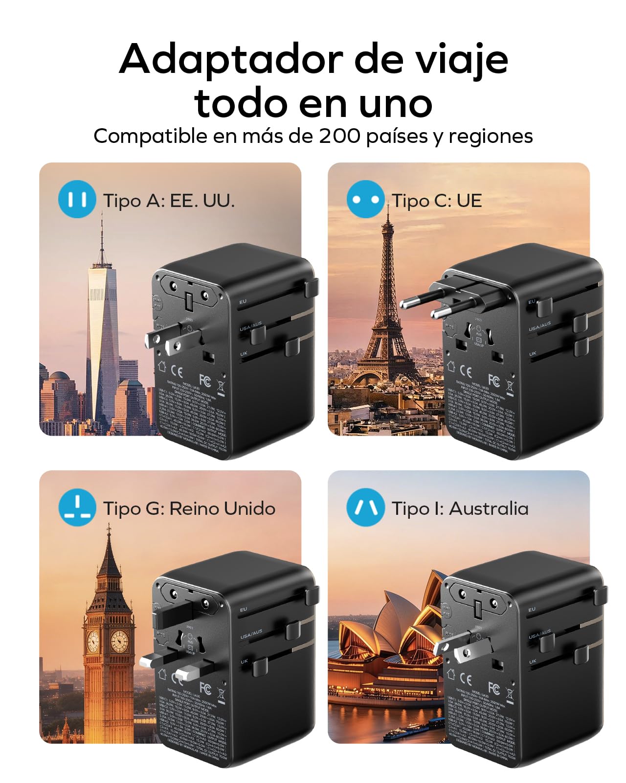 MOMAX Adaptador de Viaje Mundial de 70 W con Cable Extensible, Adaptador de Viaje Mundial con 2 Puertos CA, 2 Puertos USB A y 2 Puertos USB C, Adaptador de Viaje Internacional - Titanio