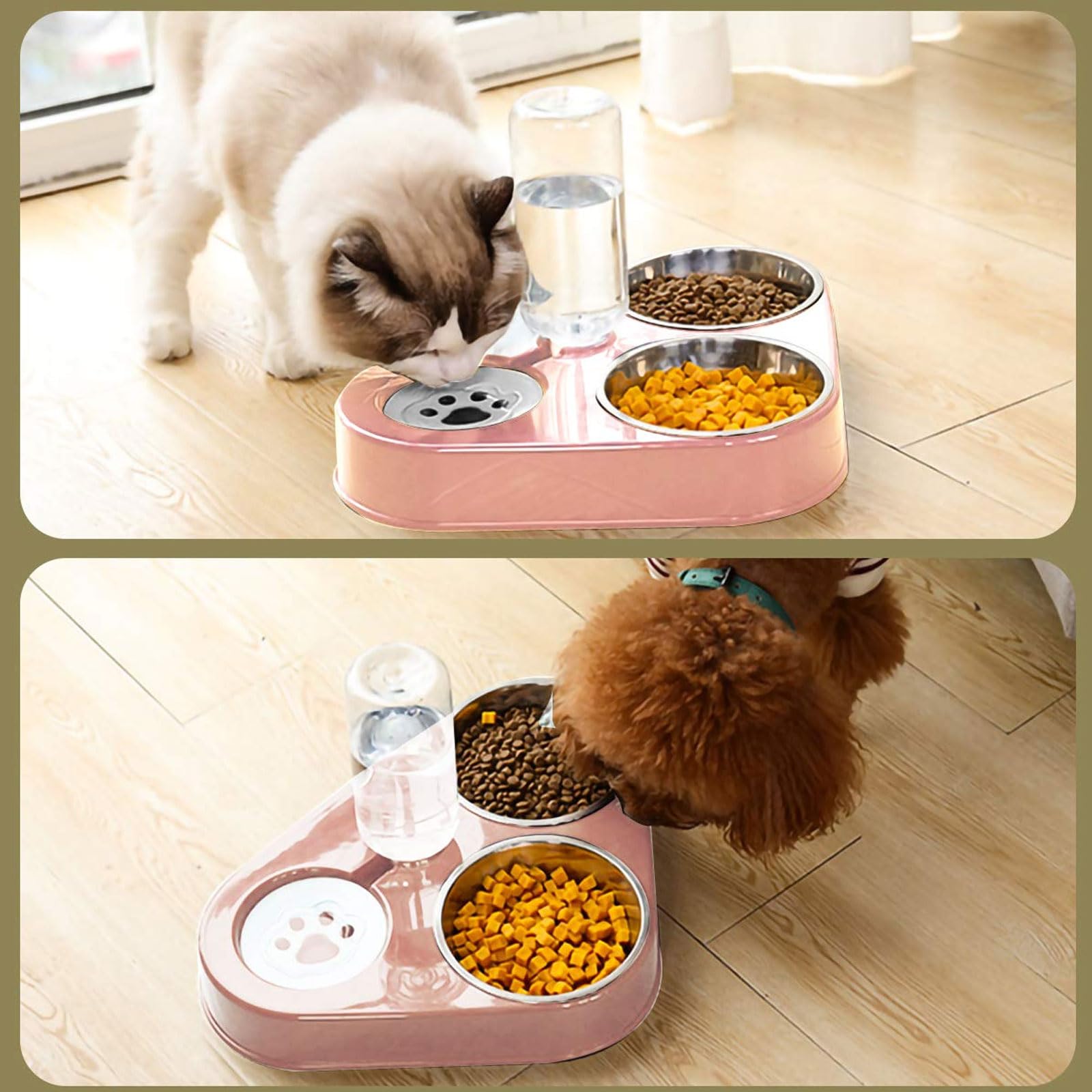 Comedero for Gatos de Acero Inoxidable 3 en 1, Doble, con depósito automático Agua for Perros y(Pink)