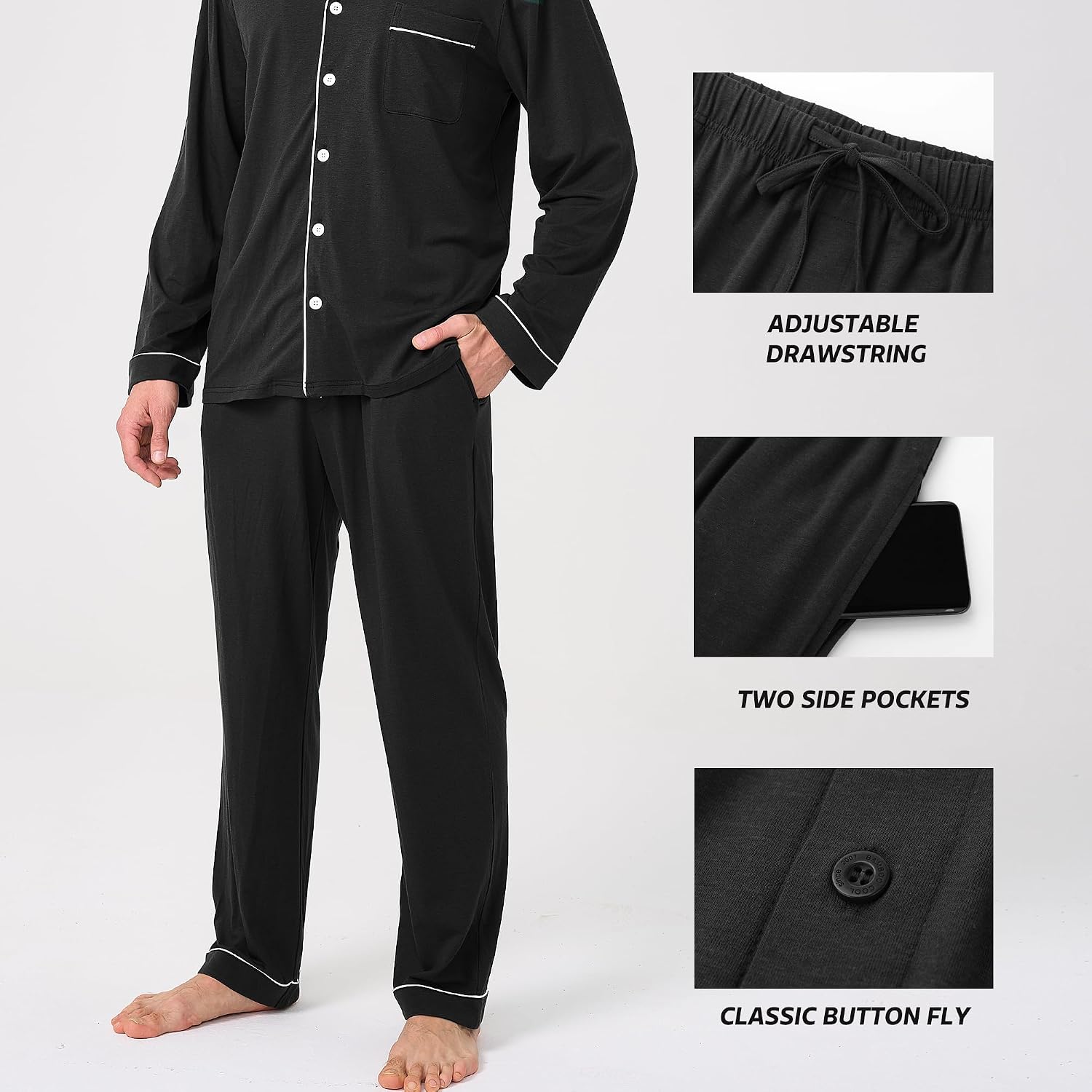 BAMBOO COOL Mens Pajama Set Bamboo Viscose Cotton Soft Lightweight Loungewear Sleepwear Long Sleeve and Pants with Pockets