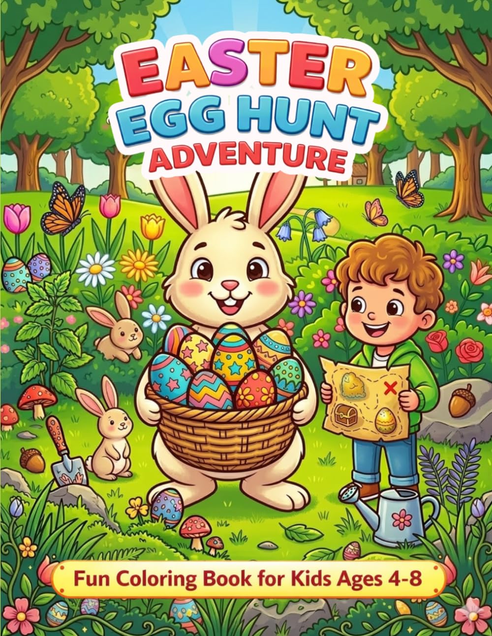 Easter Egg Hunt Adventure for Kids Ages 4-8: Easter Bunny Coloring Book with Hidden Eggs, Spring Garden Scenes, Fun Story and Cute Holiday Coloring Pages