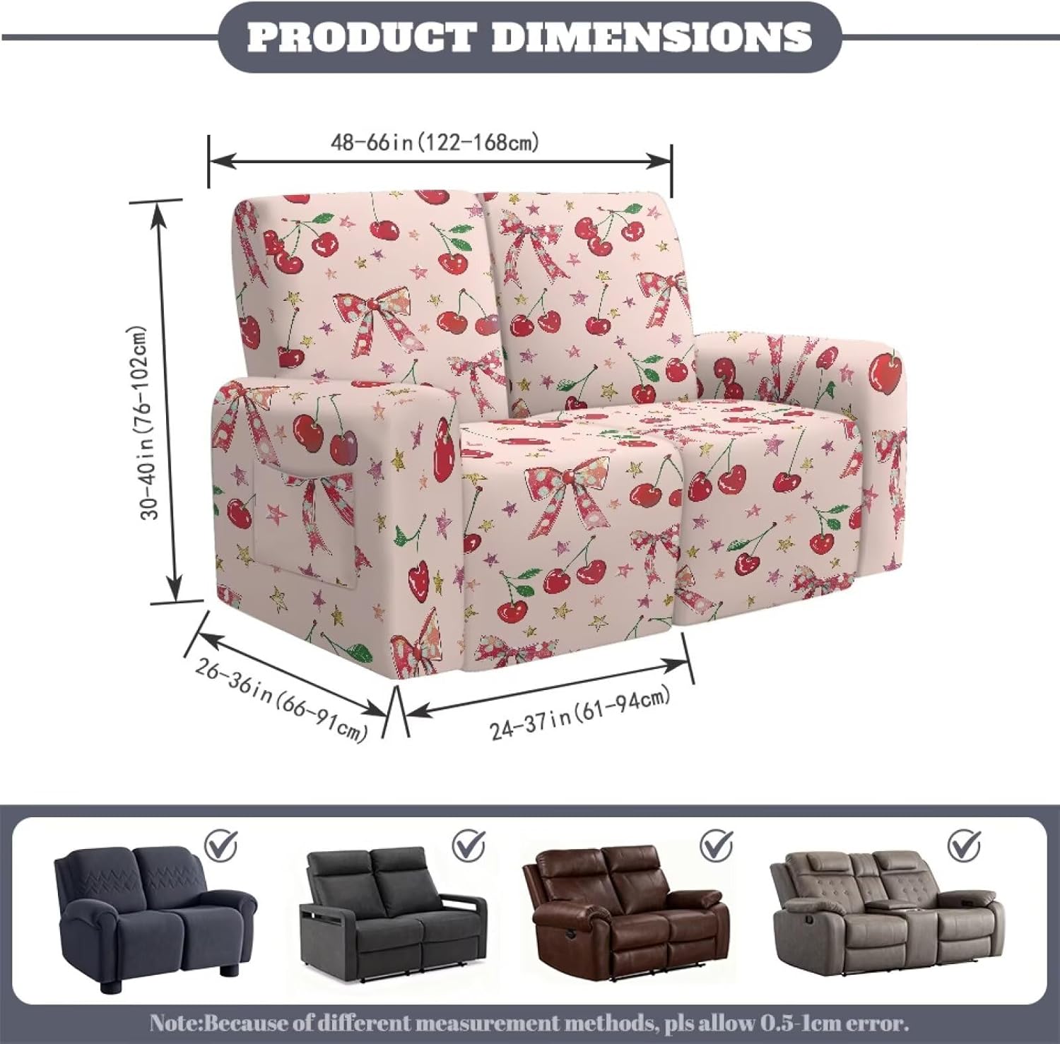 Waterproof Recliner Chair Cover, Armchair Slipcover with Elastic Straps and Pocket, Cherry Bow Anti Slip Couch Electric Cover Sofa Protector for Pets