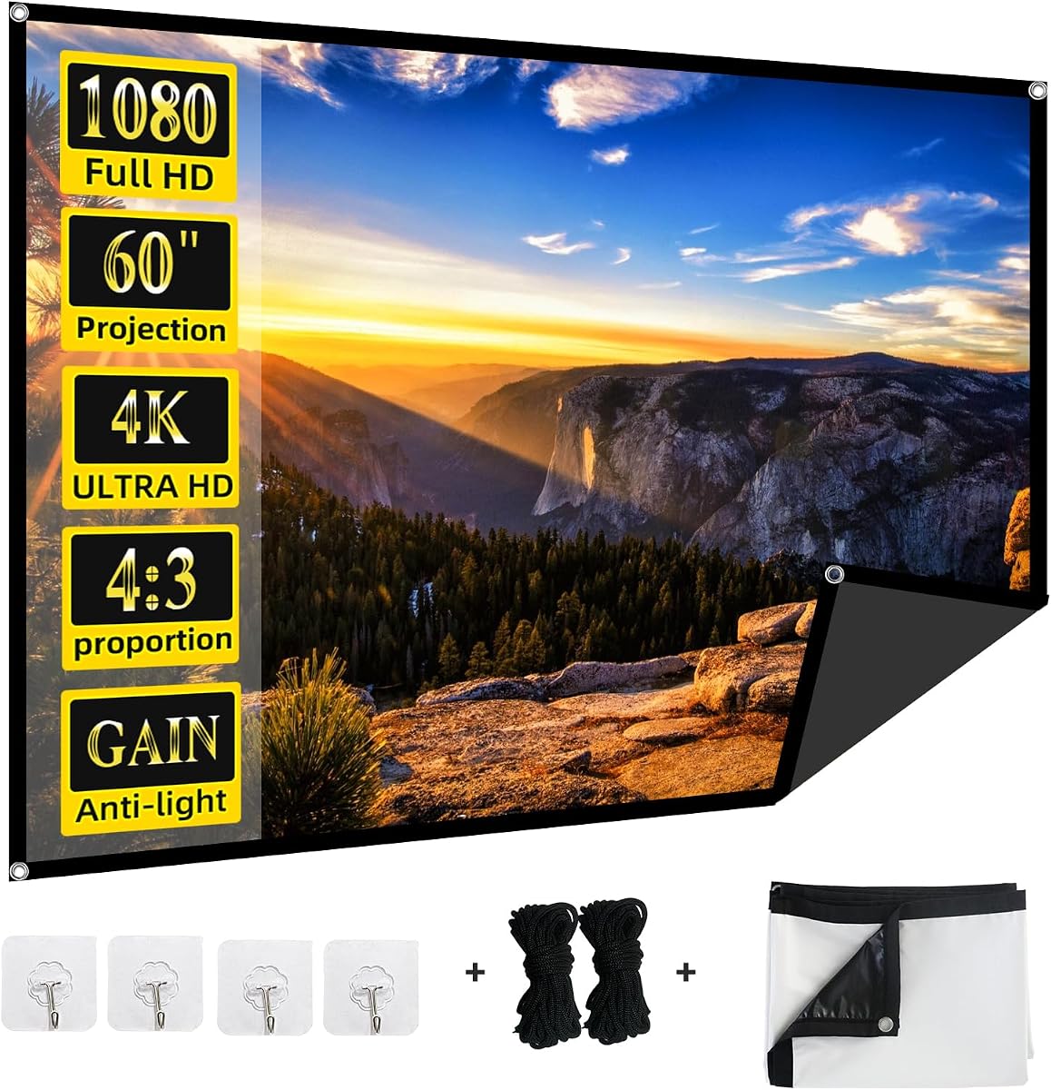 Pantalla de proyector antiluz de 60 pulgadas, pantalla de cine portátil 4K HD 4:3 para exteriores, pantalla de proyección interior plegable con respaldo negro con alta ganancia y ángulo de visión de 160° para cine en casa, camping, RV