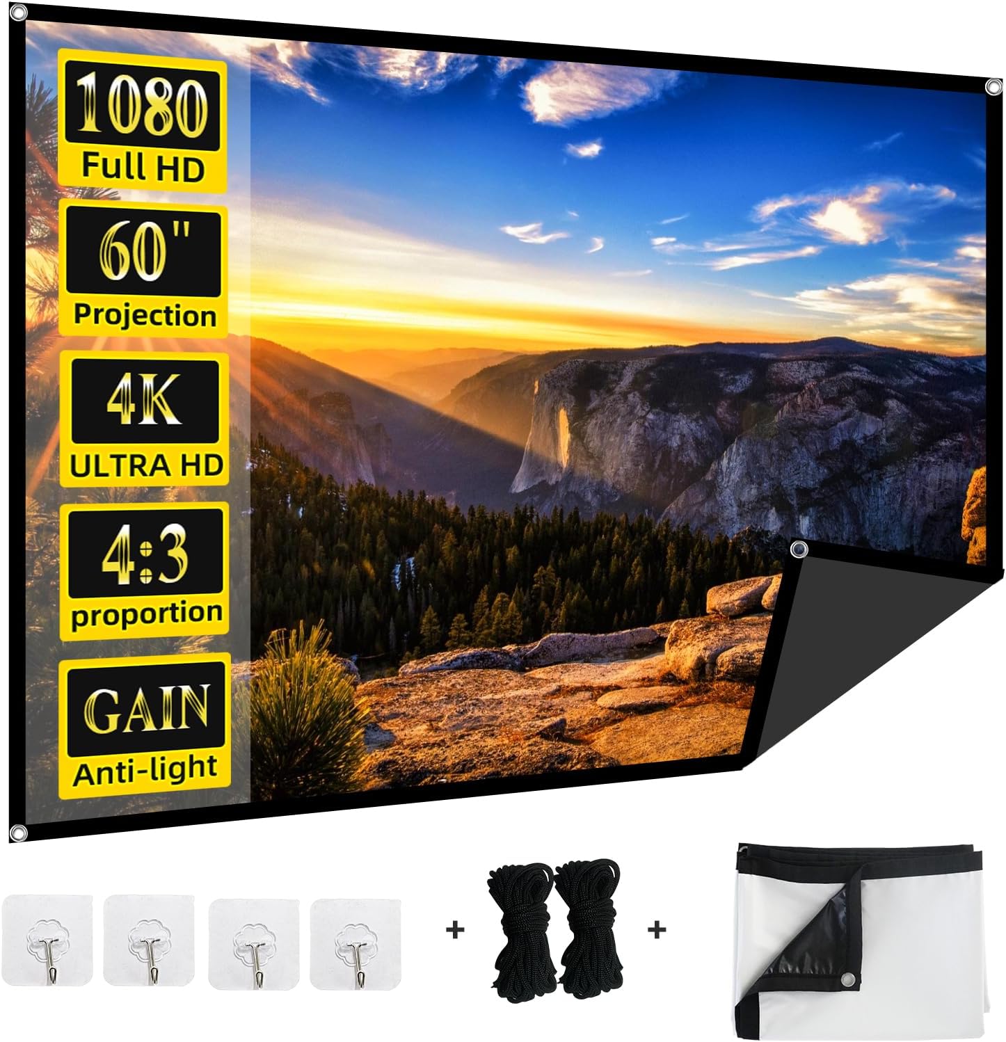 60-Inch Anti-Light Projector Screen, 4K HD 4:3 Portable Outdoor Movie Screen, Black Backing Foldable Indoor Projection Screen with High Gain & 160° Viewing Angle for Home Theater, Camping, RV
