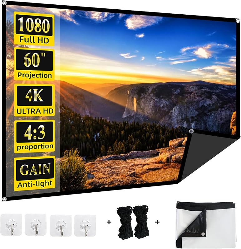 Pantalla de proyector antiluz de 60 pulgadas, pantalla de cine portátil 4K HD 4:3 para exteriores, pantalla de proyección interior plegable con respaldo negro con alta ganancia y ángulo de visión de 160° para cine en casa, camping, RV