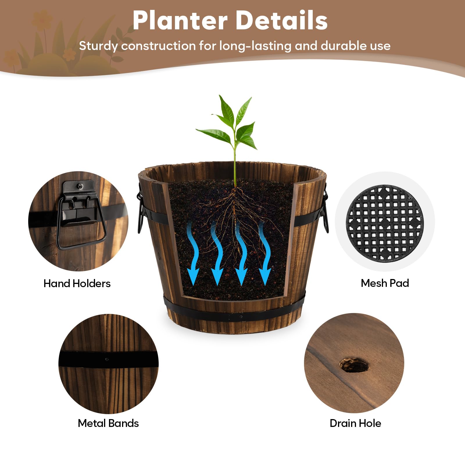 HAKKART Wooden Barrel Planters, 8 inch 7 inch Plant Pot with